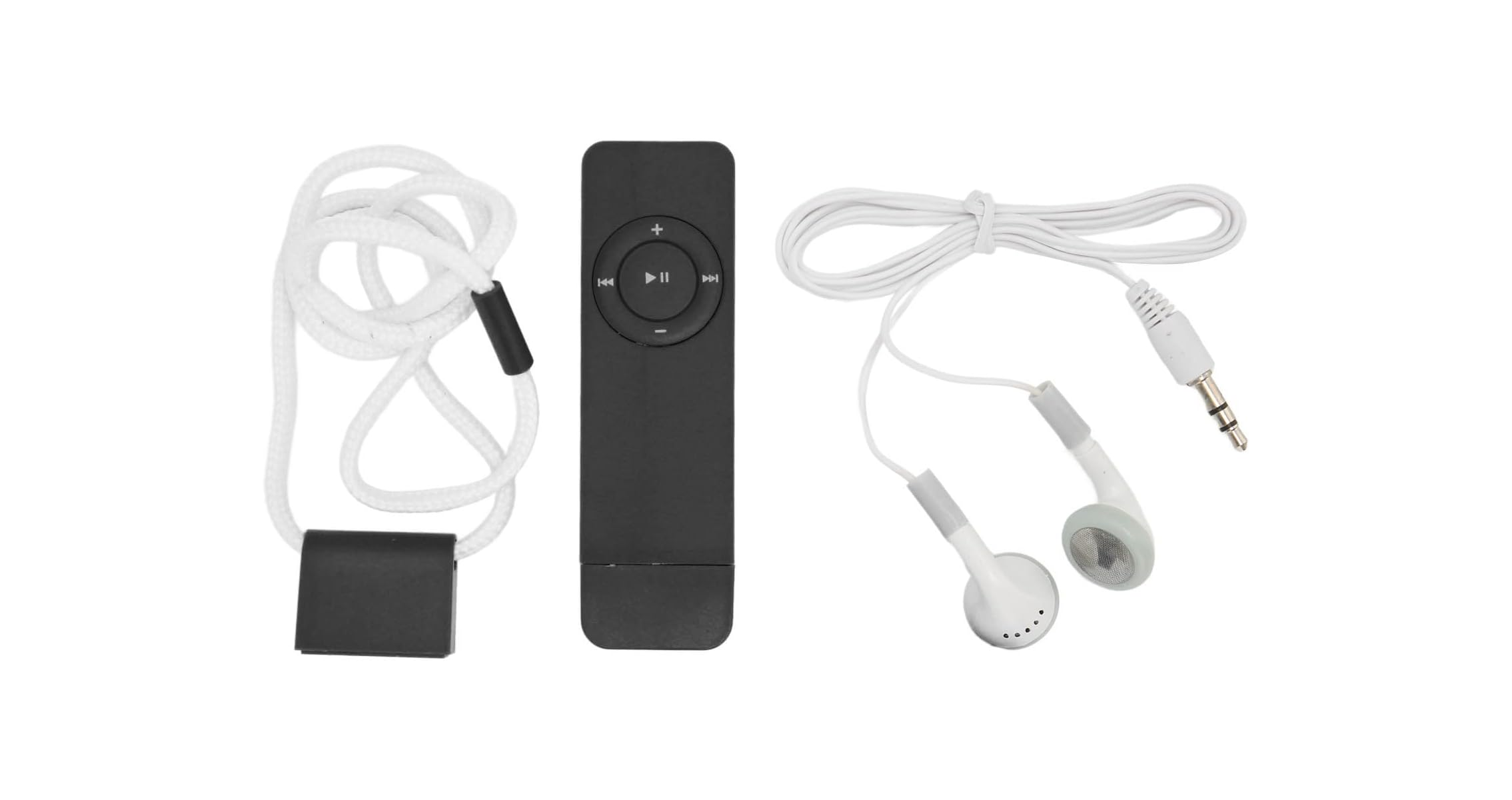 Ein schwarzer MP3-Player mit Lanyard und weißen Kopfhörern.
