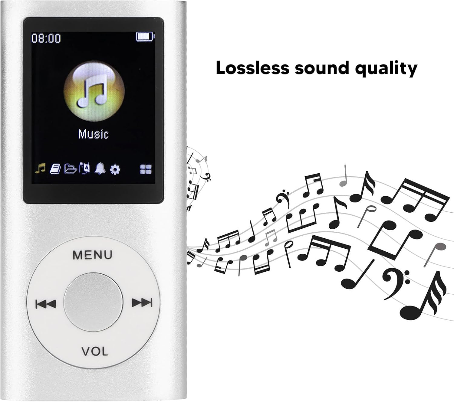 Ein silberner MP3-Player mit Musiknoten und dem Text "Lossless Sound Quality".