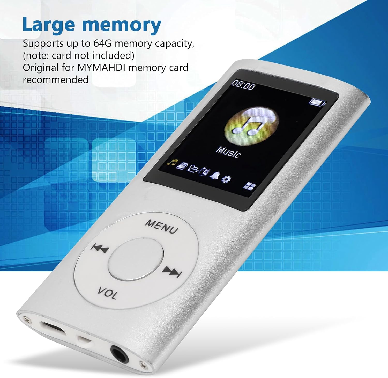 Ein silberner MP3-Player mit schwarzem Bildschirm, der Musik und Uhrzeit anzeigt, und einem runden Bedienfeld, vor blau-weißem Hintergrund.