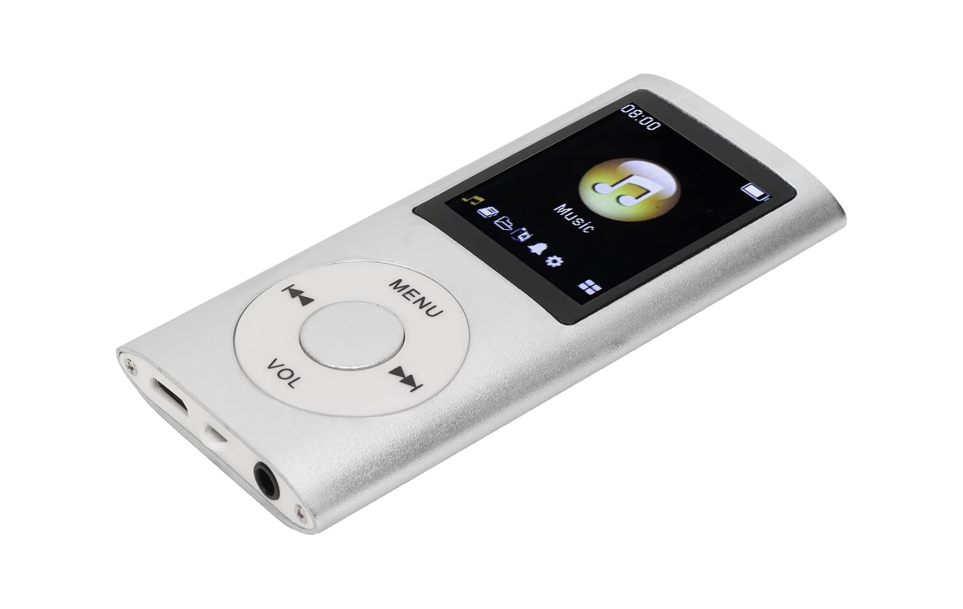 Ein silberner digitaler Musikplayer mit schwarzem Bildschirm, der '08:00' und ein Musiksymbol anzeigt, isoliert auf weißem Hintergrund.