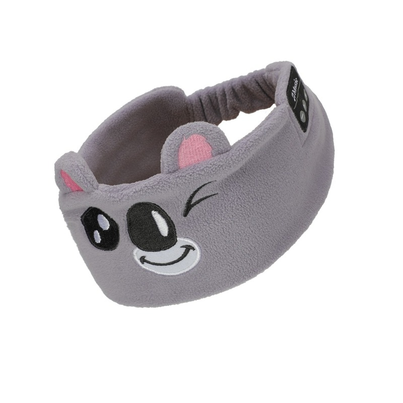 Graues Stirnband mit Bärenmotiv, Augen und Nase aufgestickt.