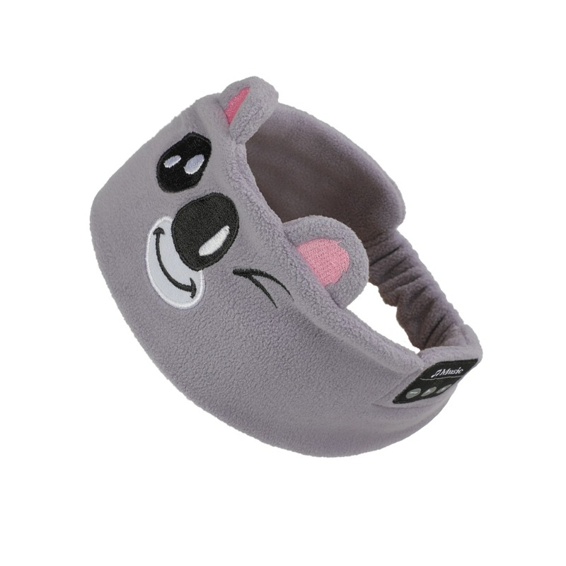 Graues Stirnband mit Koala-Gesicht, kleinen Ohren und Bluetooth-Logo.
