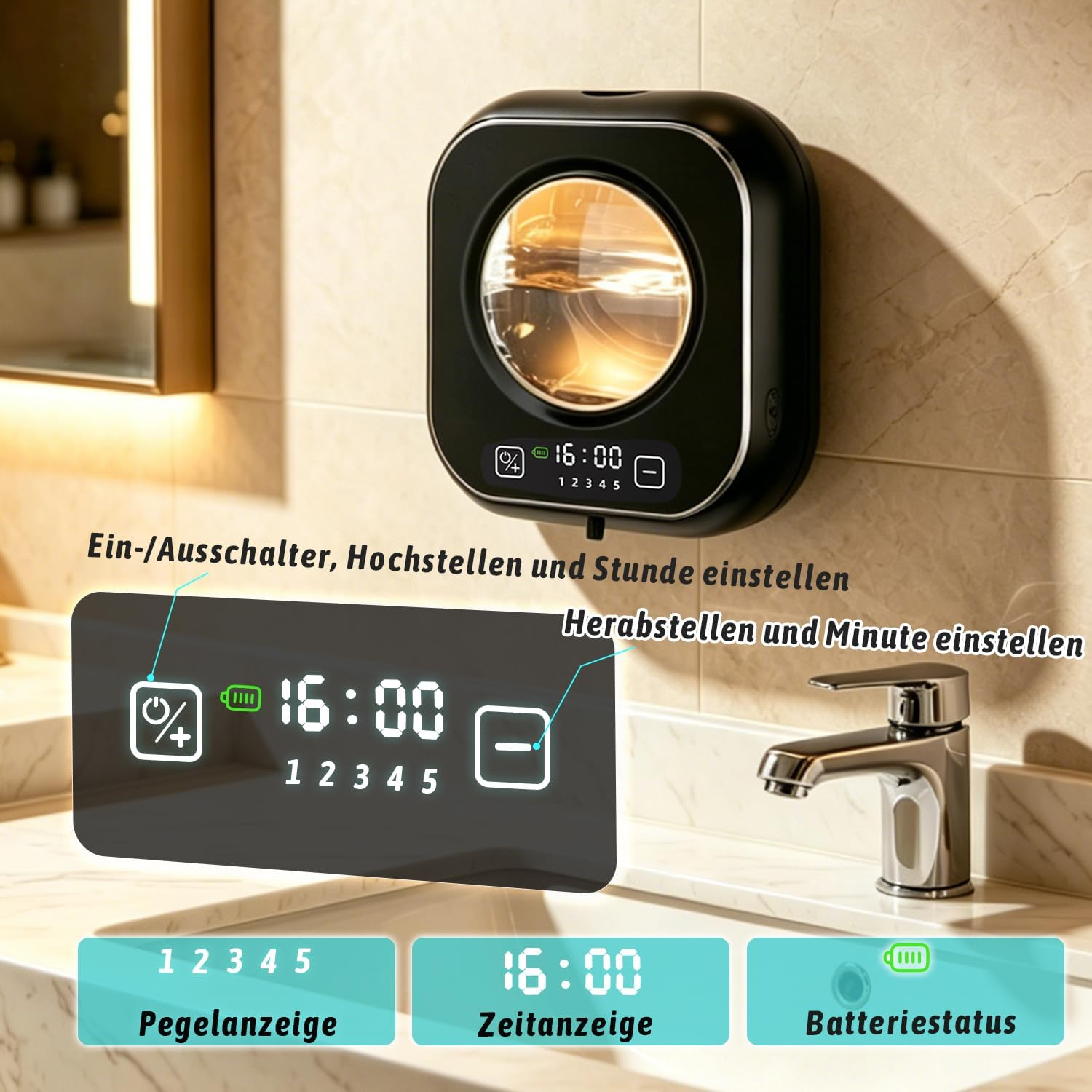 Ein schwarzer Seifenspender mit digitaler Anzeige zeigt 16:00 an.