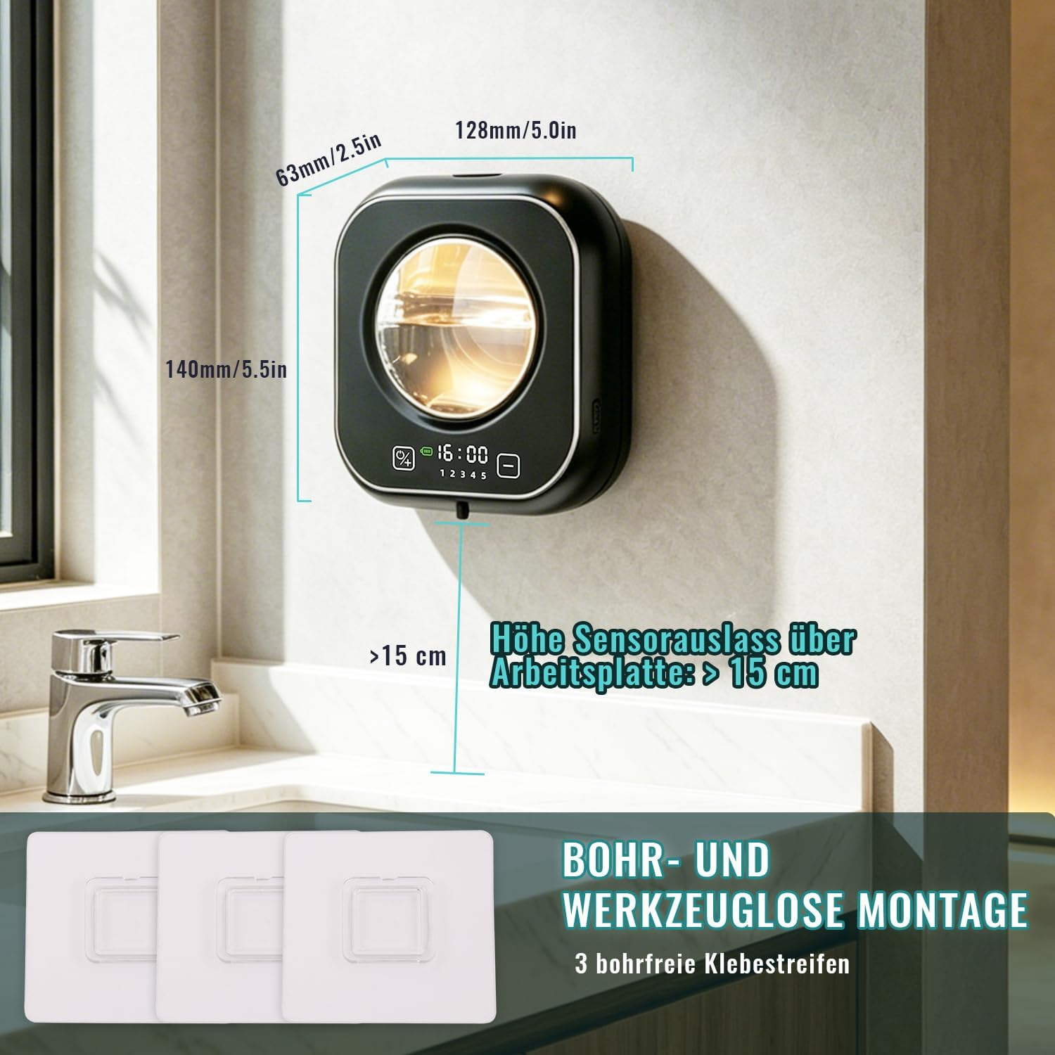 Schwarz-weißer Spender mit digitalen Anzeigen, daneben ein Wasserhahn und Klebestreifen.