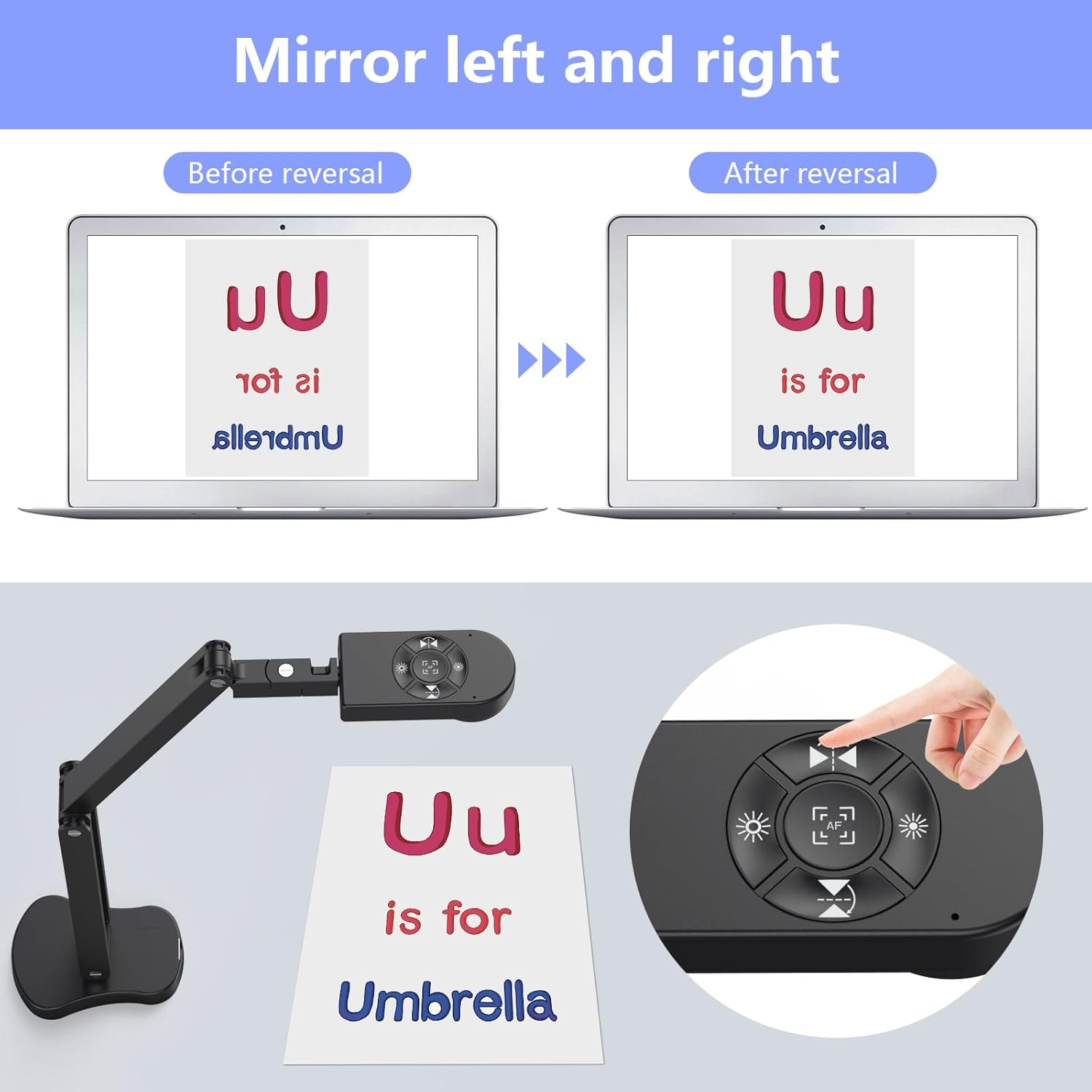 Eine Dokumentenkamera zeigt „Uu is for Umbrella“ auf einem Laptop, sowohl in umgekehrter als auch in korrigierter Ansicht.