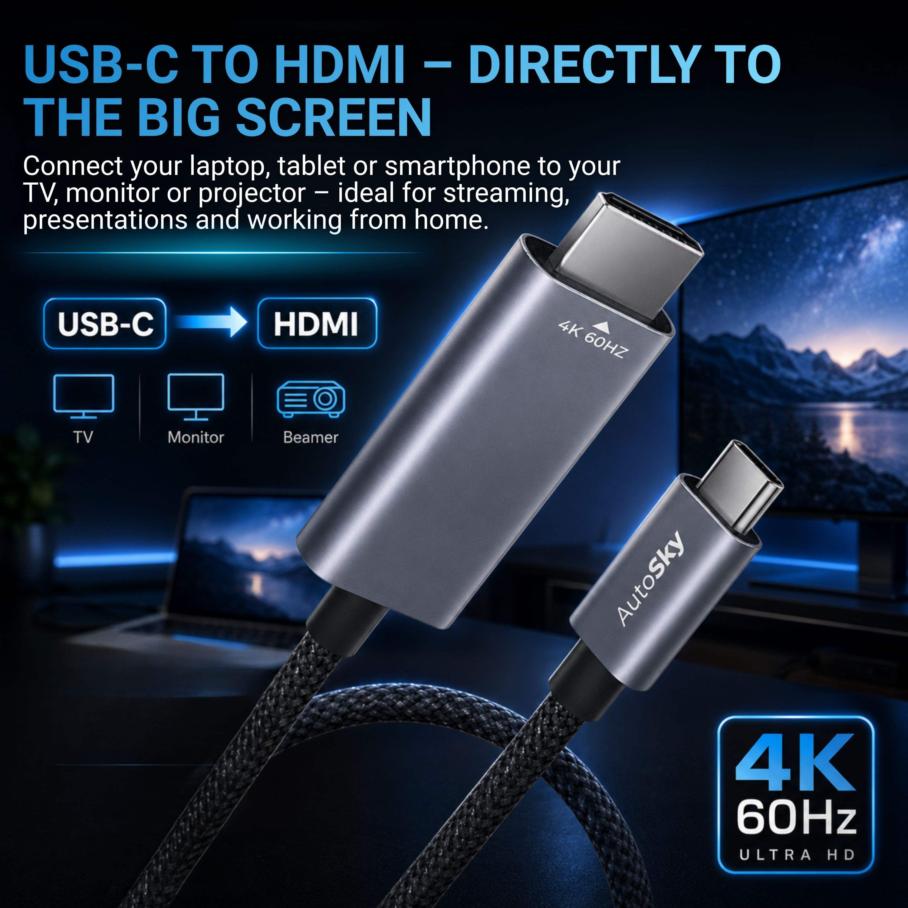 Ein USB-C-auf-HDMI-Kabel mit "AutoSky"-Logo auf dunklem Hintergrund mit Text und Symbolen zur Verwendung.