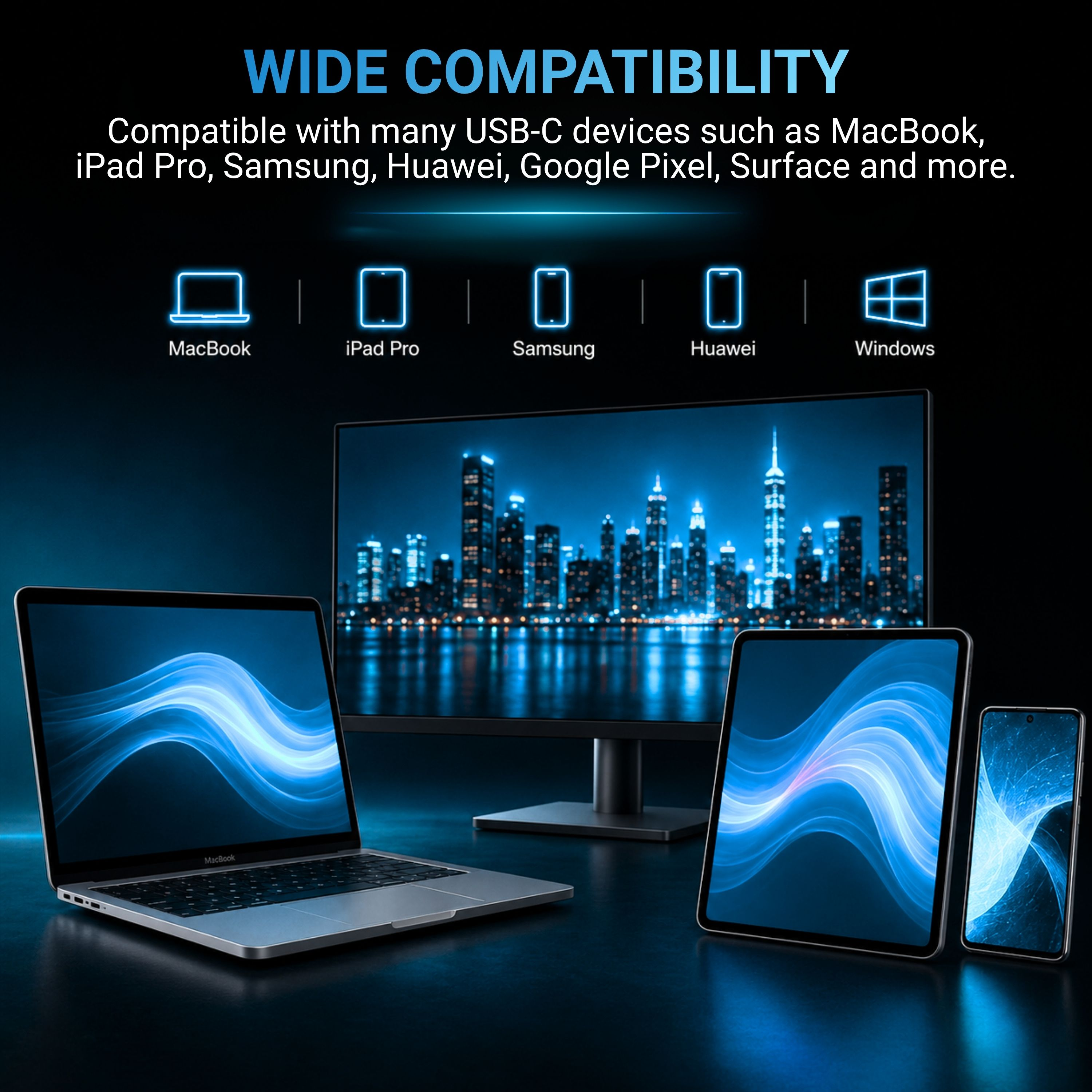 Laptops, Tablets und Smartphones mit USB-C-Anschluss, kompatibel mit vielen Geräten.