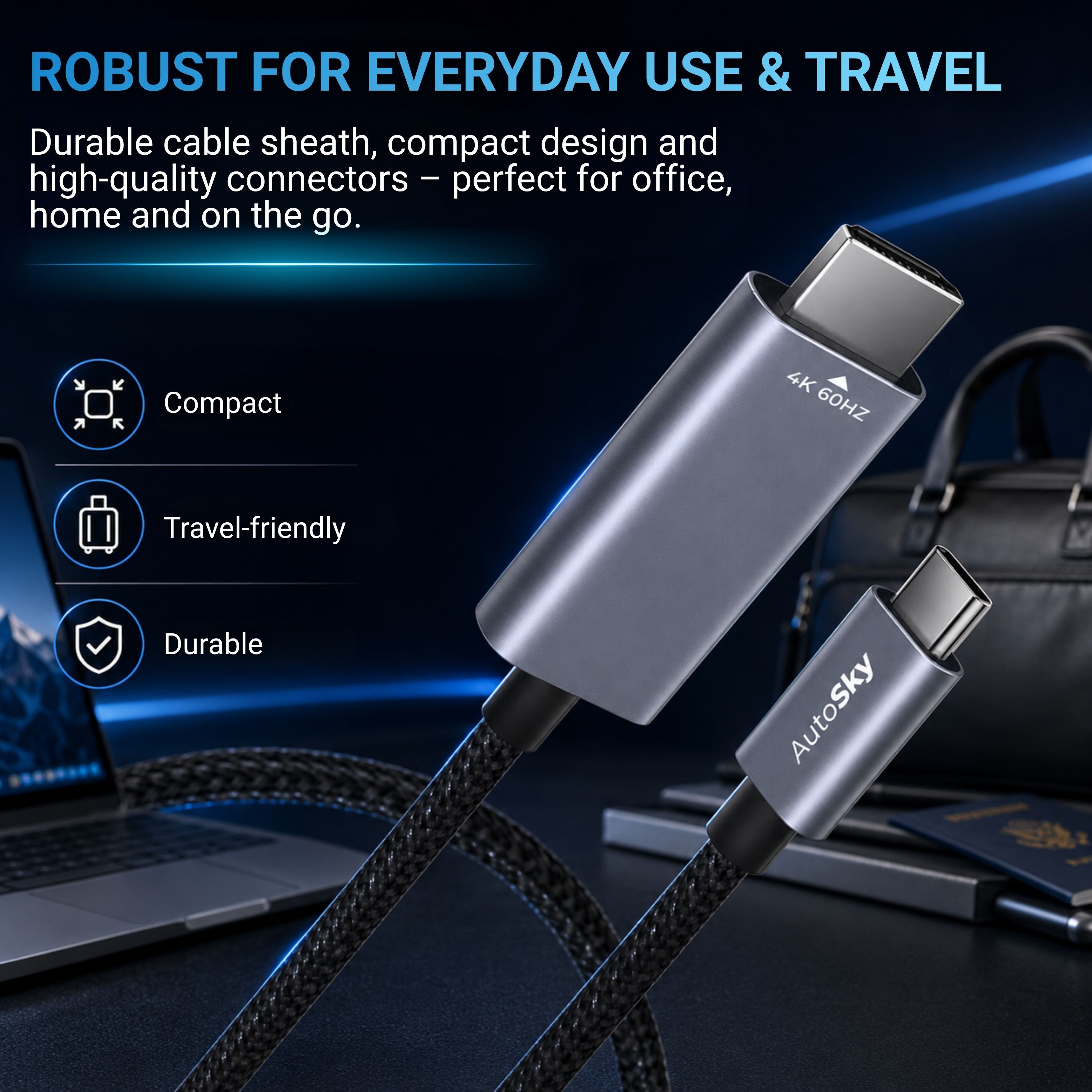Zwei USB-C-Kabel mit Metallanschlüssen, eines mit 4K 60HZ-Beschriftung, nahe Laptop, Tasche und Reisepass.