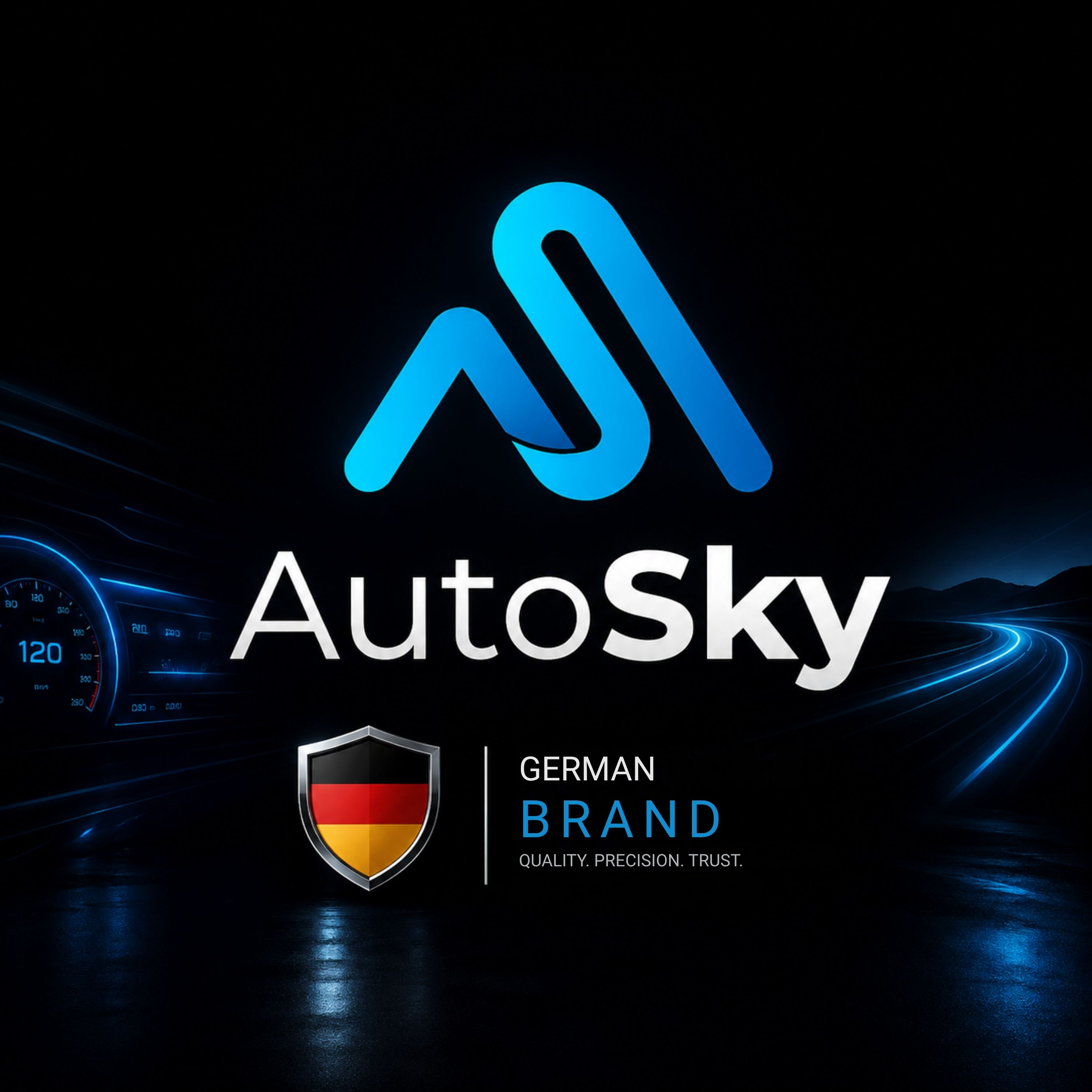 Logo mit Auto-Tacho, Schriftzug AutoSky und deutschem Markenzeichen.