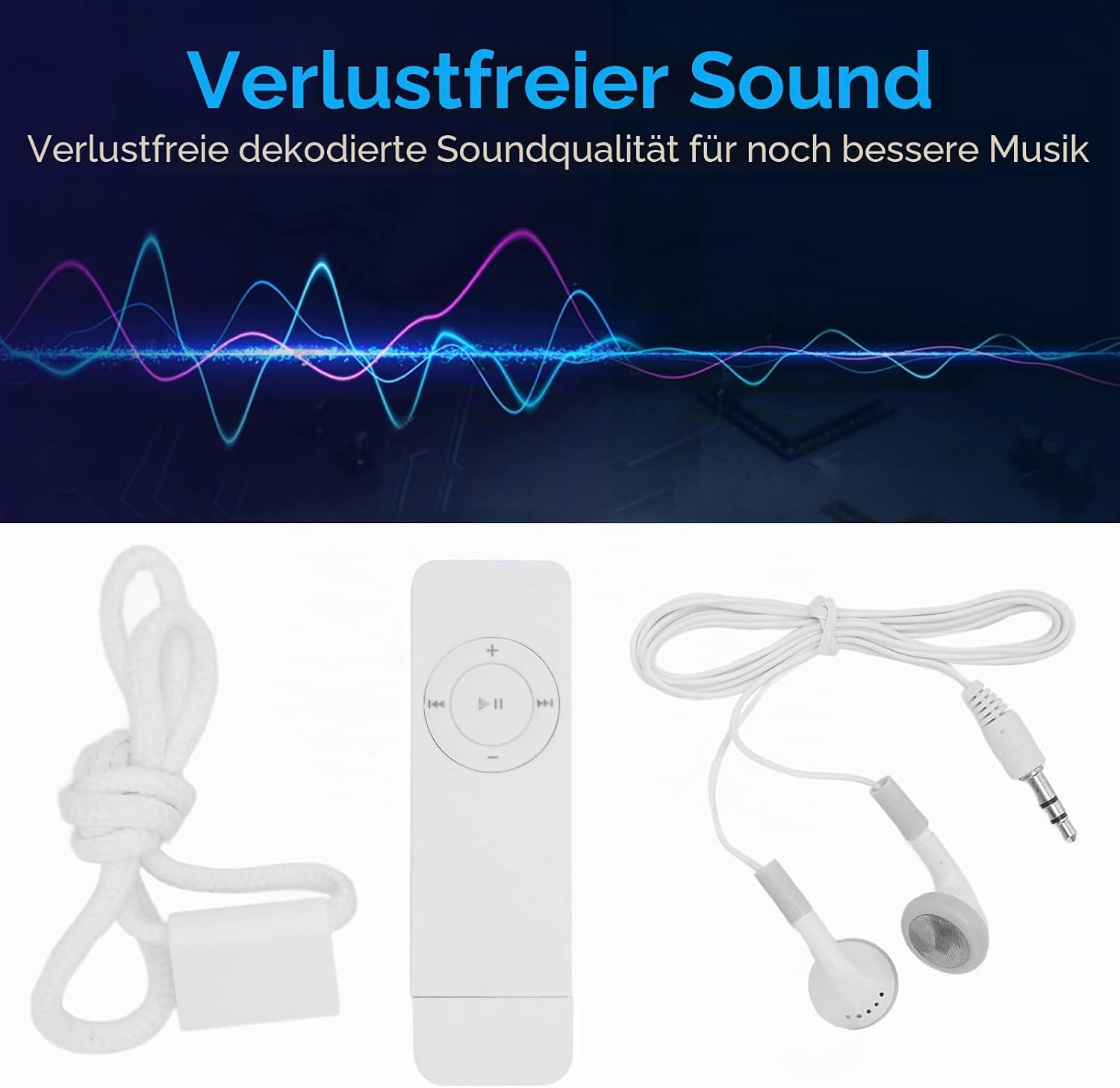 Drei weiße Audio-Accessoires: Lanyard, Fernbedienung und Kopfhörer mit Klinke.