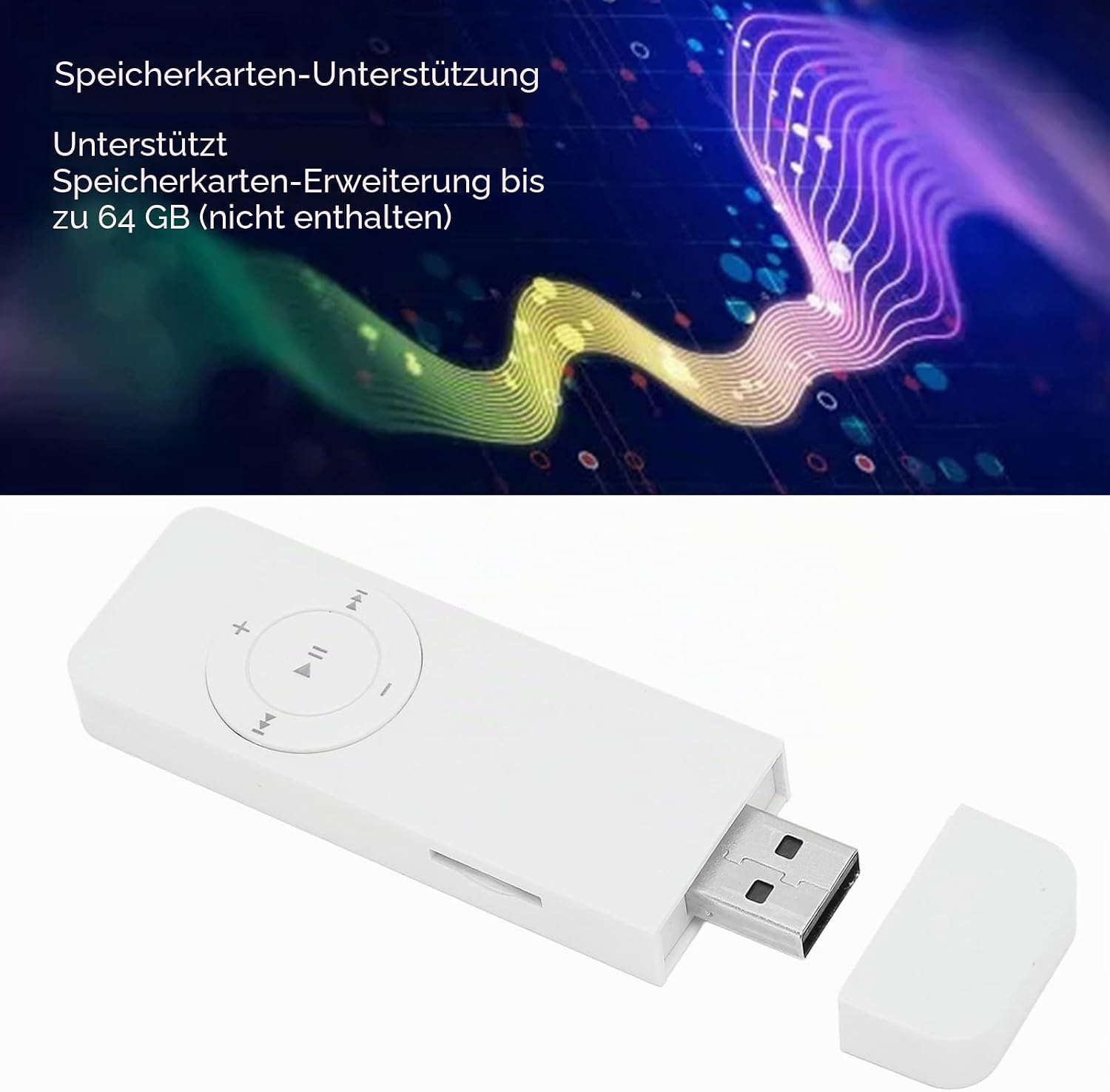 Ein weißer USB-Speicherstick mit Bedienelementen und abnehmbarer Kappe.