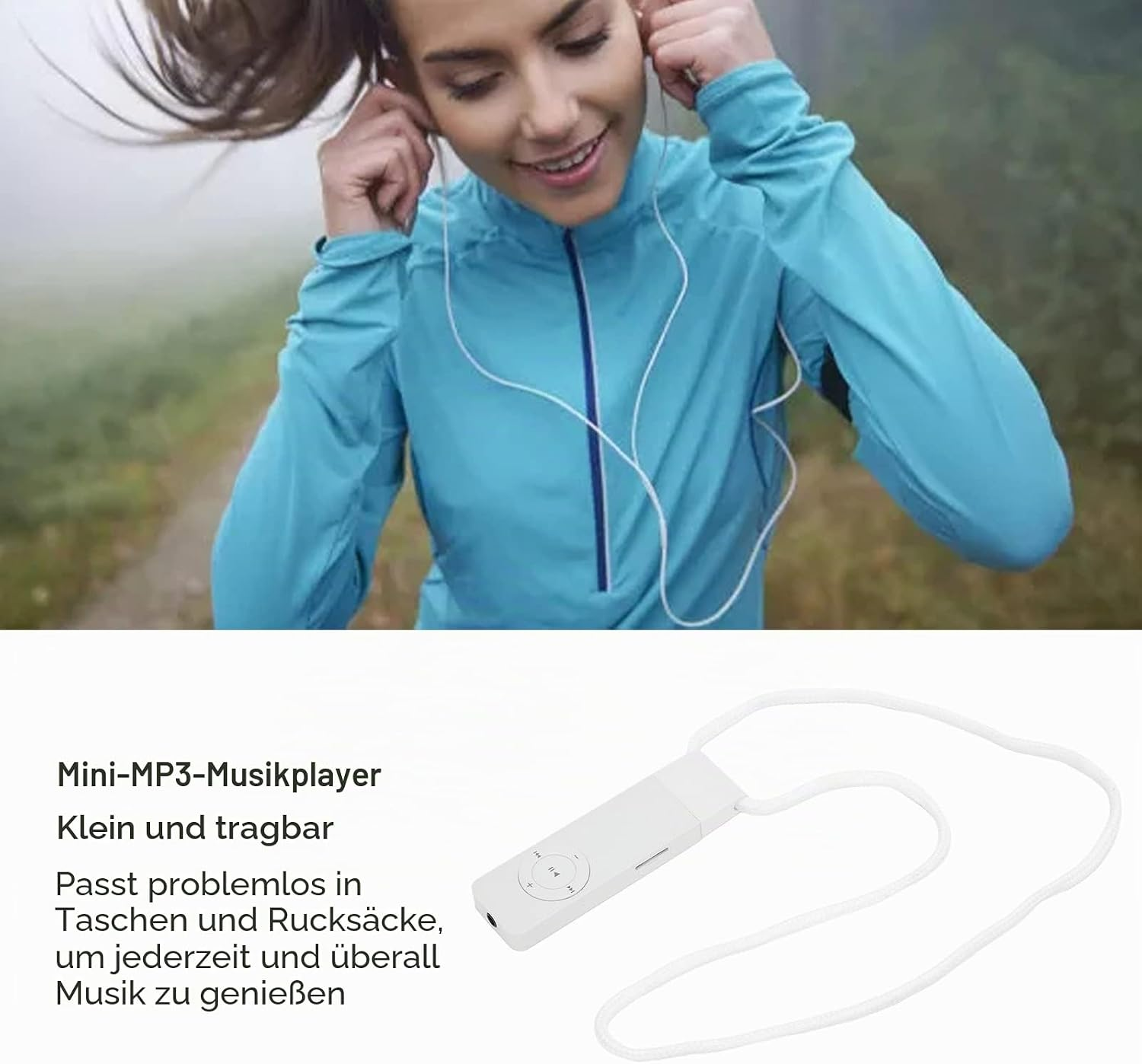 Eine Frau im blauen Sport-Outfit hört Musik mit Kopfhörern, daneben ein weißer MP3-Player.