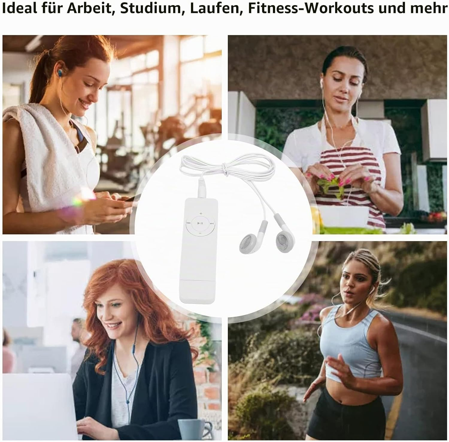 Vier Szenen mit Kopfhörern: Frau im Fitnessstudio, Frau in der Küche, Frau am Laptop, Läuferin.