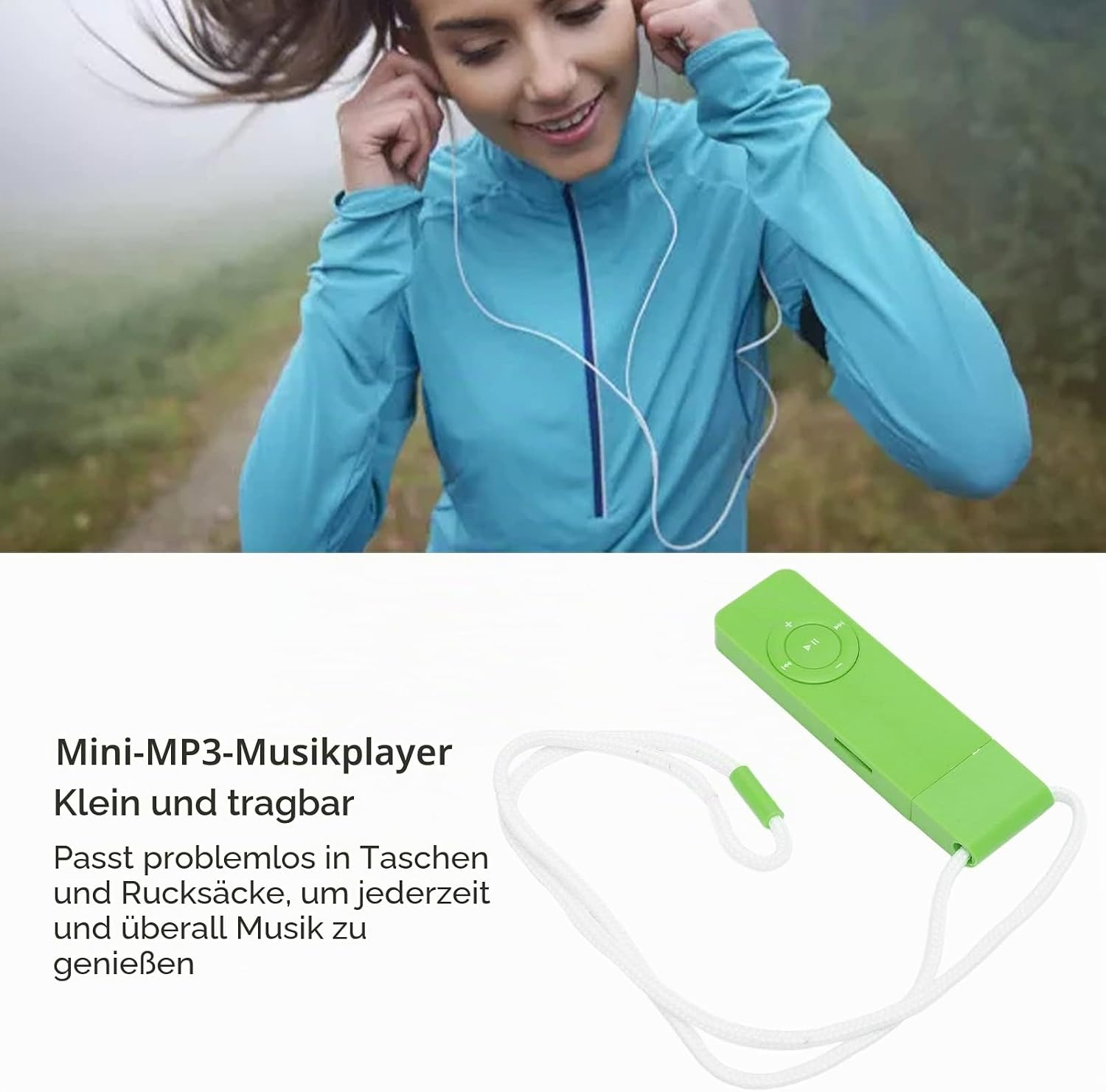 Eine Frau mit Kopfhörern in einem türkisfarbenen Langarmshirt im Freien. Daneben ein grüner MP3-Player mit Lanyard.