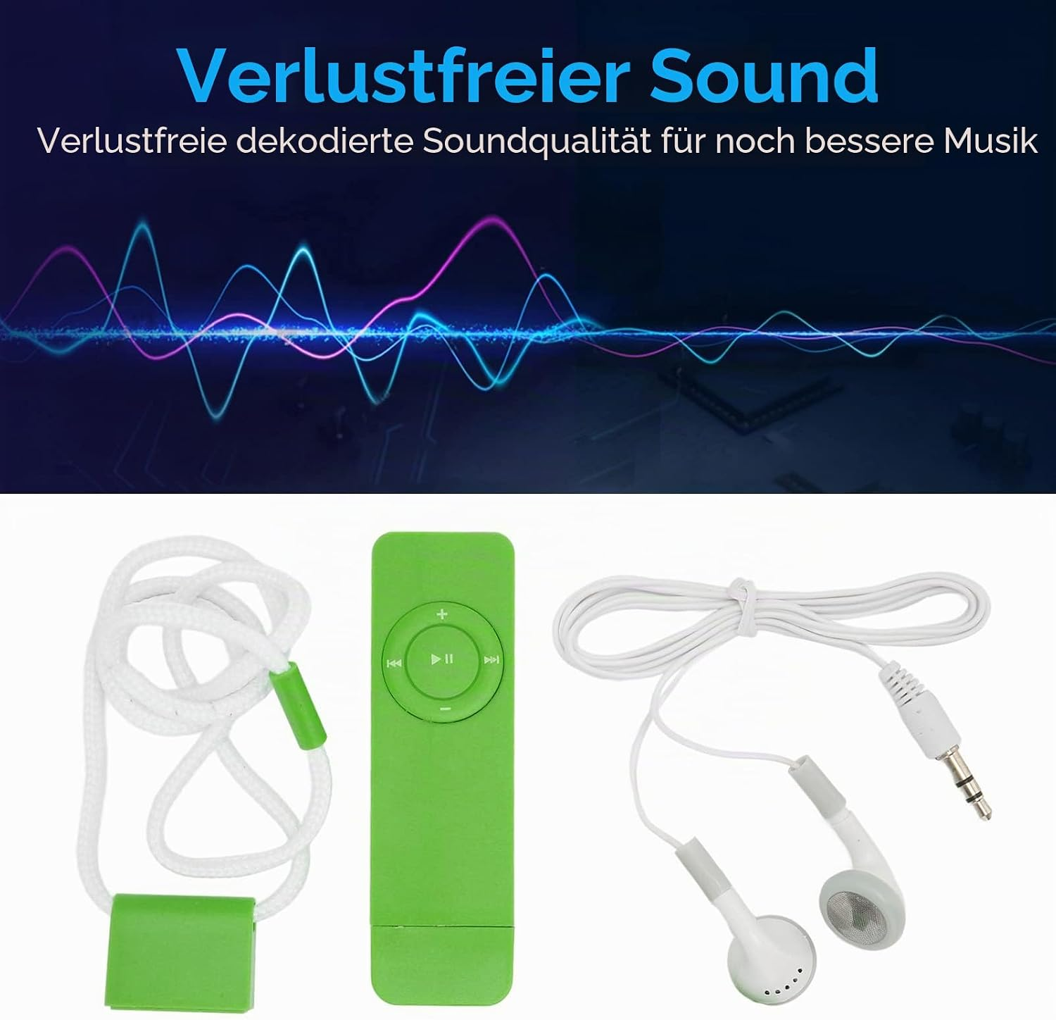 Grüner MP3-Player mit Lanyard und weiße Ohrhörer auf weißem Hintergrund.