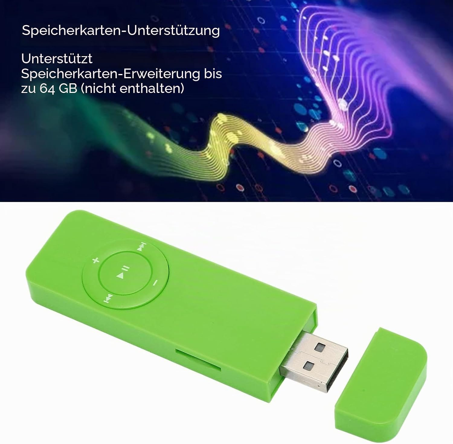 Grüner USB-Speicherstick mit Steuerungstasten und abnehmbarer Kappe.
