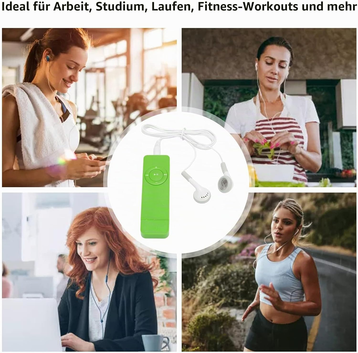 Vier Szenen: Frau im Fitnessstudio, Frau beim Kochen, Frau am Laptop, Frau beim Joggen. Grüner MP3-Player.