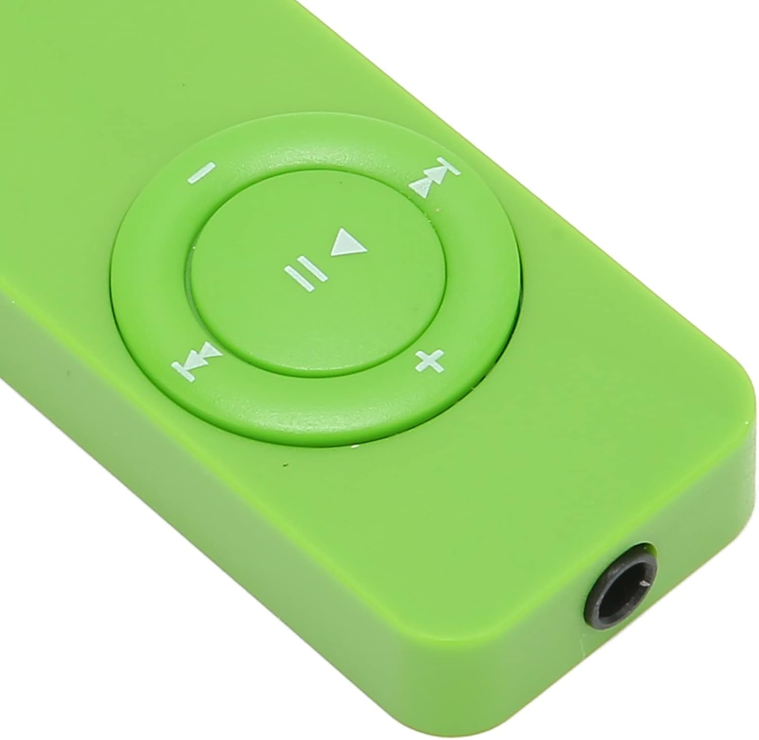 Nahaufnahme eines grünen MP3-Players mit Navigationstasten und Kopfhöreranschluss.