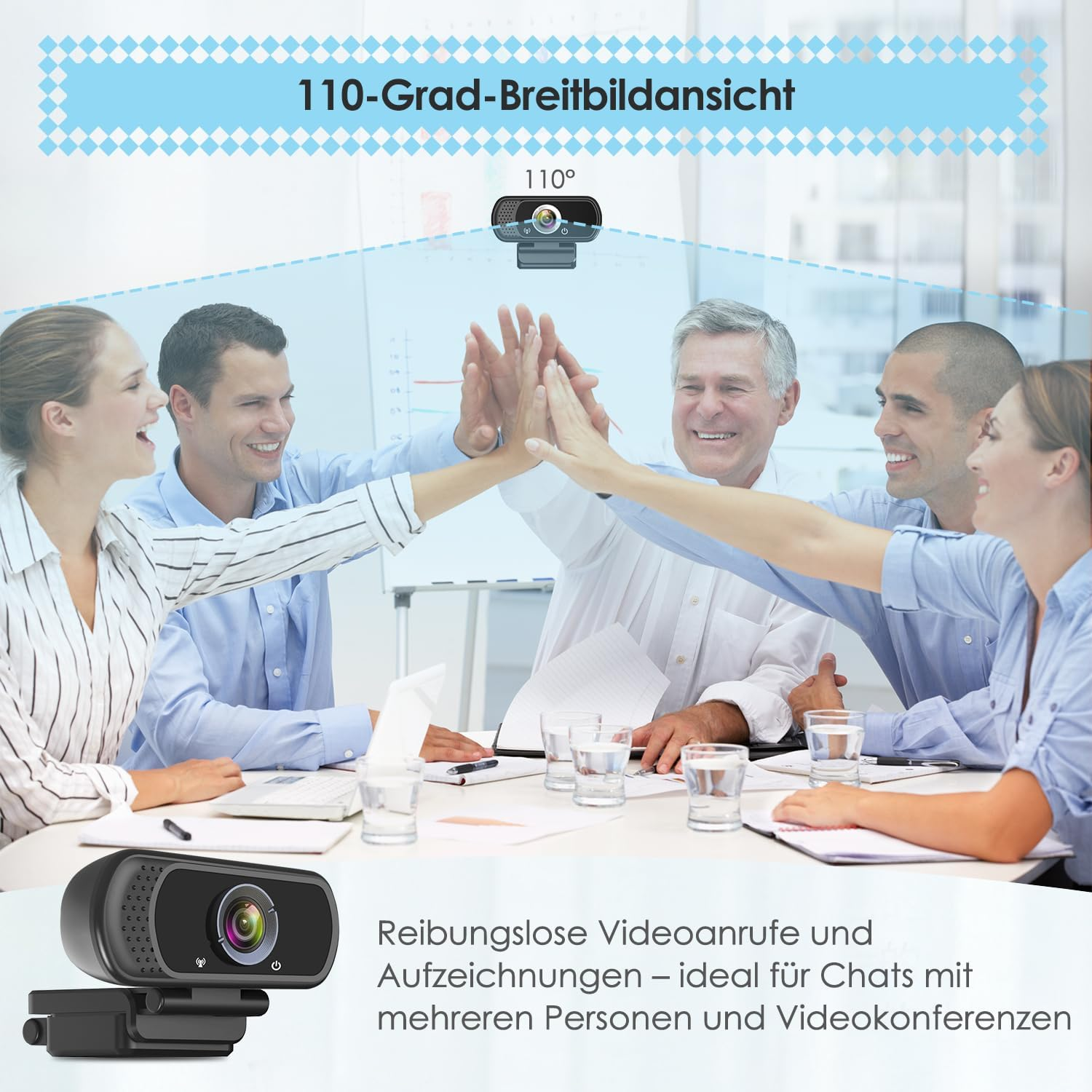 Eine Webcam zeigt eine breite Ansicht von fünf Personen, die sich die Hände reichen.