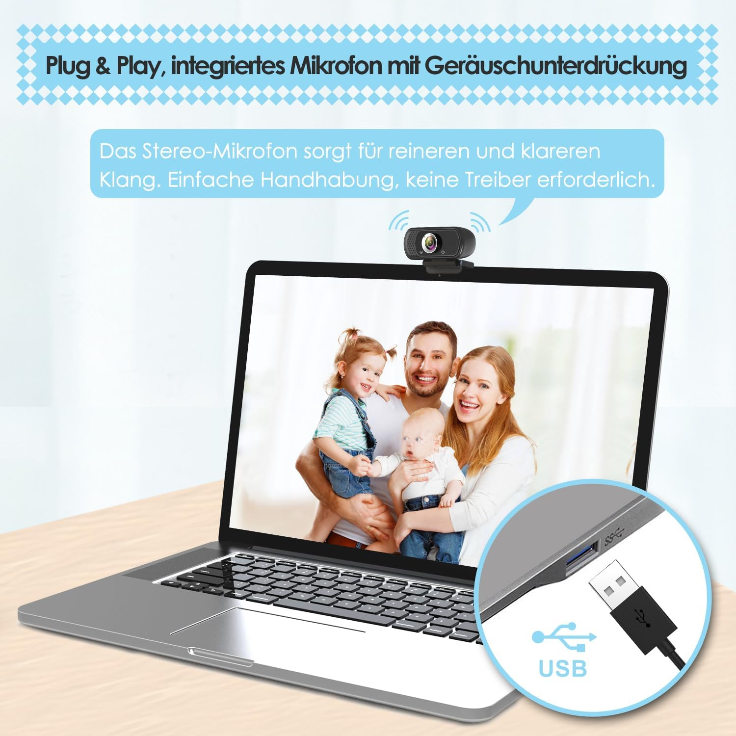 Laptop mit Webcam und Familie auf dem Bildschirm. USB-Anschluss hervorgehoben.