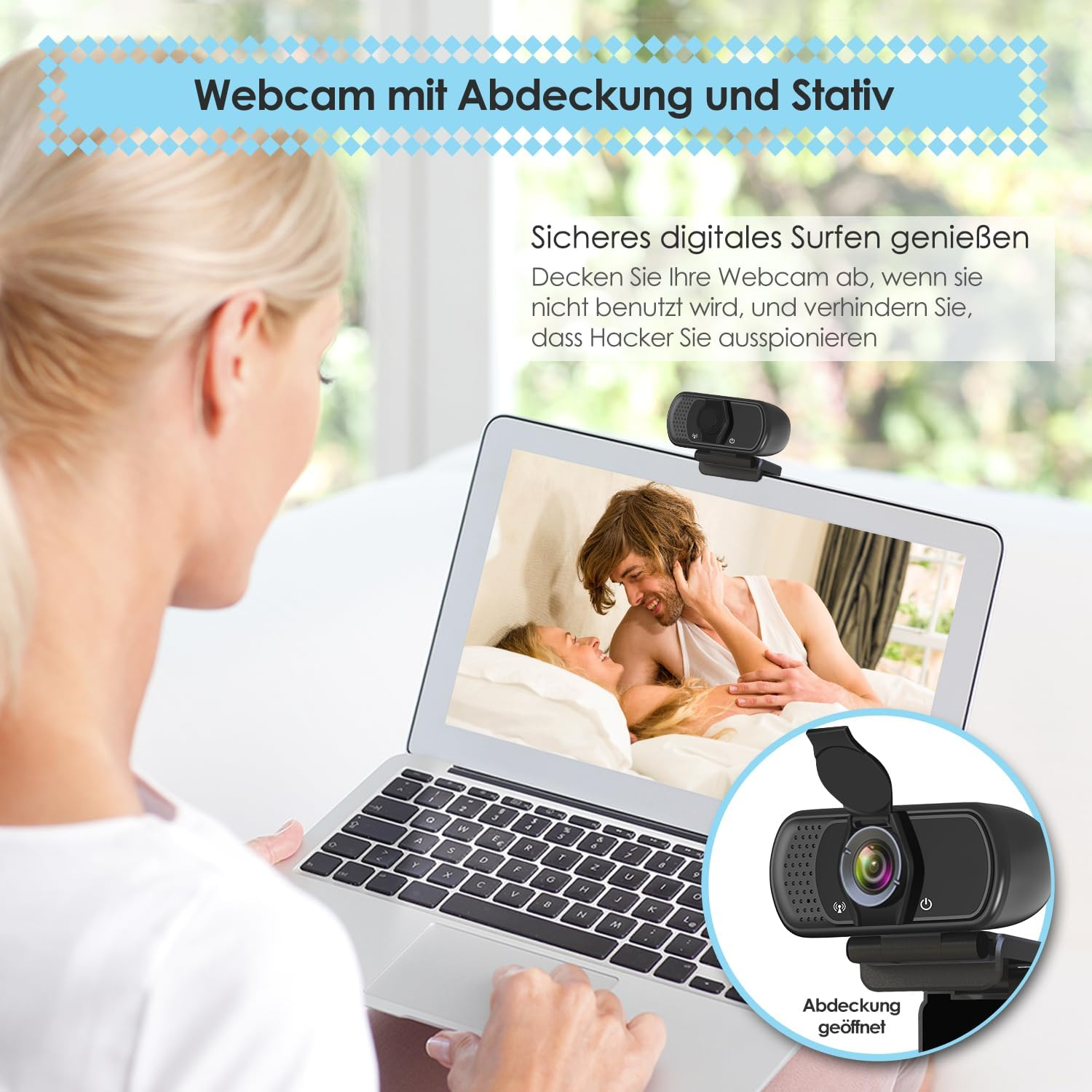 Eine Frau blickt auf einen Laptop mit Webcam und Bild eines Paares im Bett.