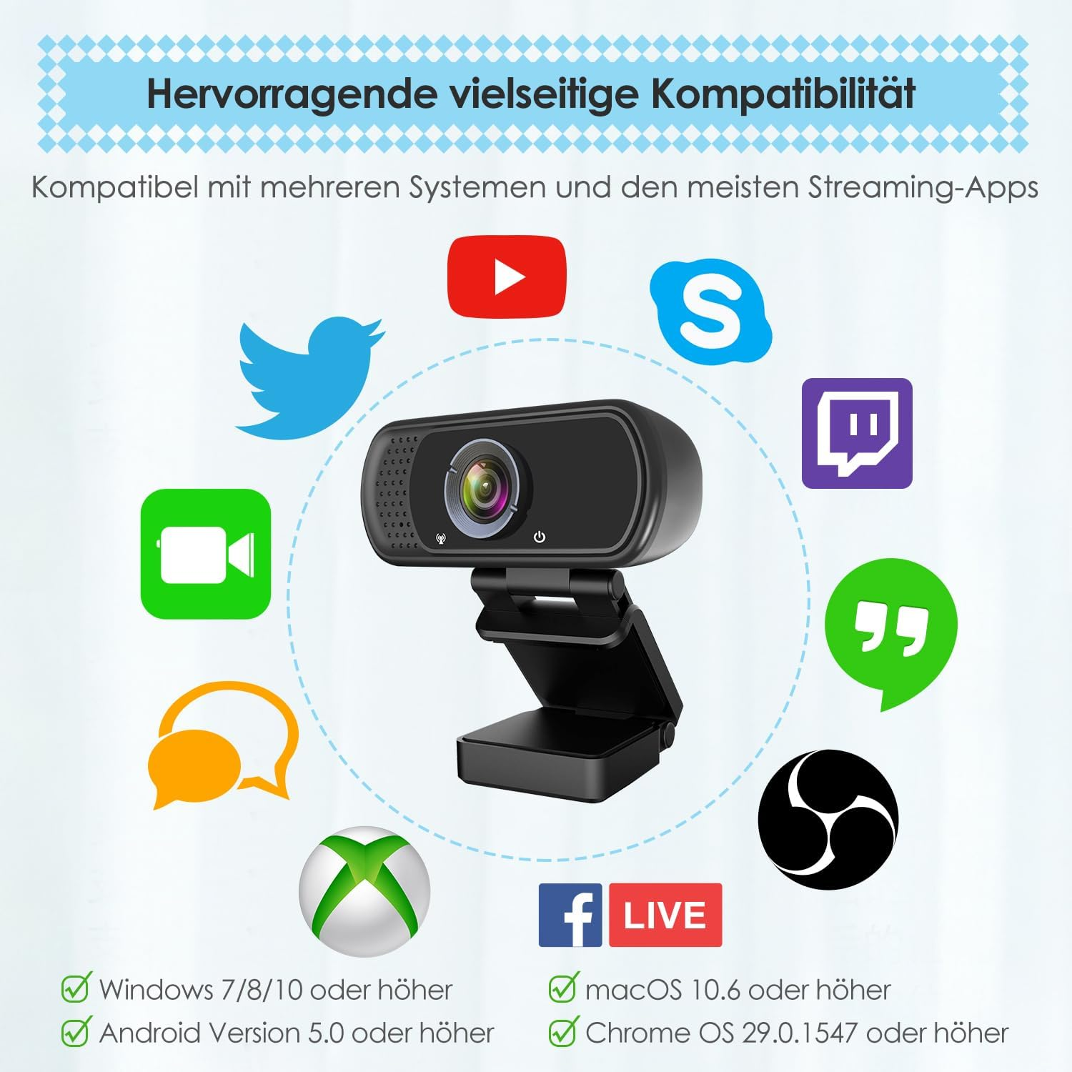 Webcam mit Logos von Twitter, YouTube, Skype, Twitch, Xbox, Facebook Live, Google Meet.