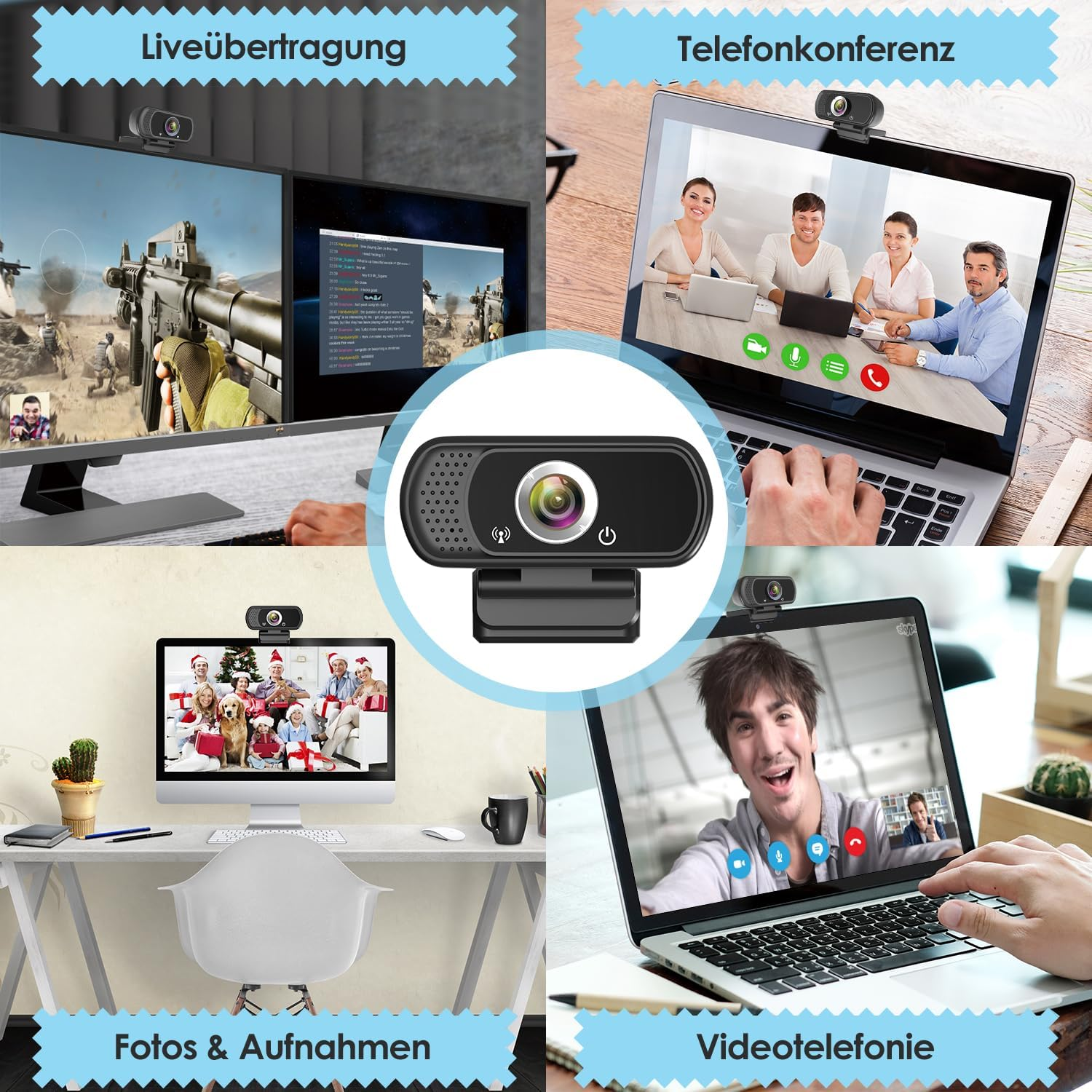 Vier Szenen mit Webcams: Gaming, Videokonferenz, Fotos und Videoanrufe.