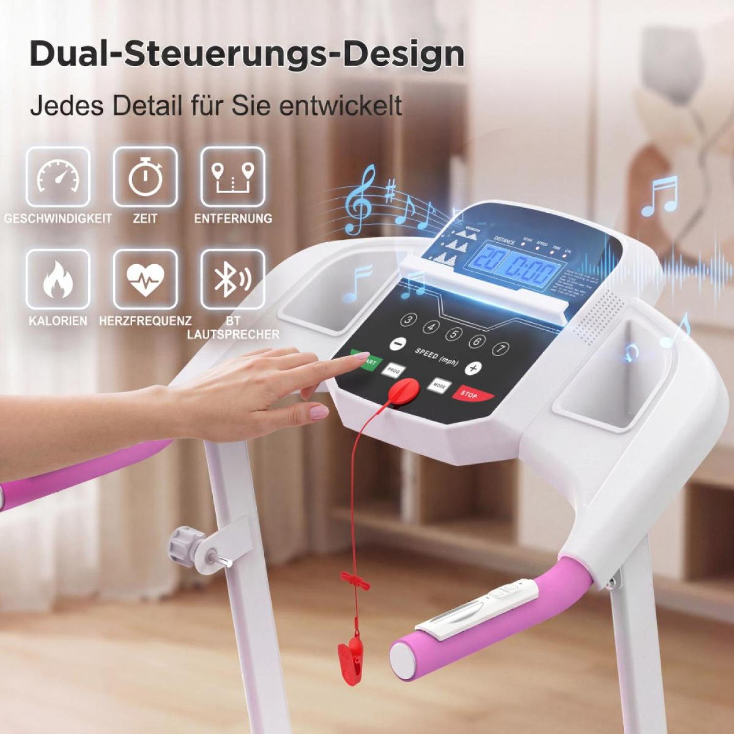 Weiße Laufband-Konsole mit Display, Tasten, Herzfrequenz- und Kalorienanzeigen.