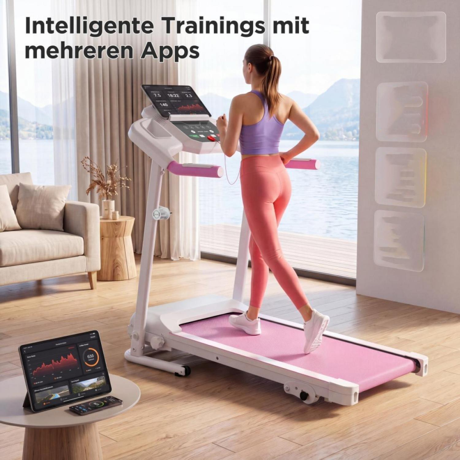 Frau auf Laufband mit Pinker Lauffläche in modernem Wohnzimmer.