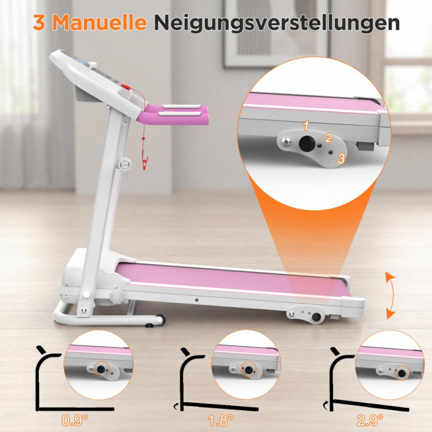 Ein weiß-pinkes Laufband mit manuellen Neigungsverstellungen. Drei Winkel werden gezeigt.