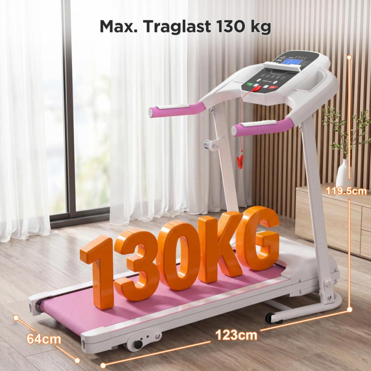 Ein weißes Laufband mit rosa Griffen und einer rosa Lauffläche, 130 kg.