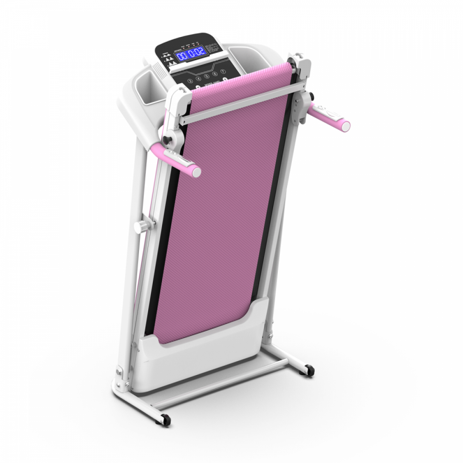 Ein schmaler, weißer und pinker Laufband mit einem digitalen Display.