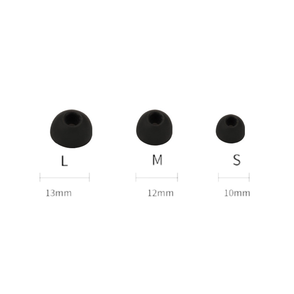 Drei schwarze Ohrstöpsel L, M, S mit Größen 13mm, 12mm, 10mm.