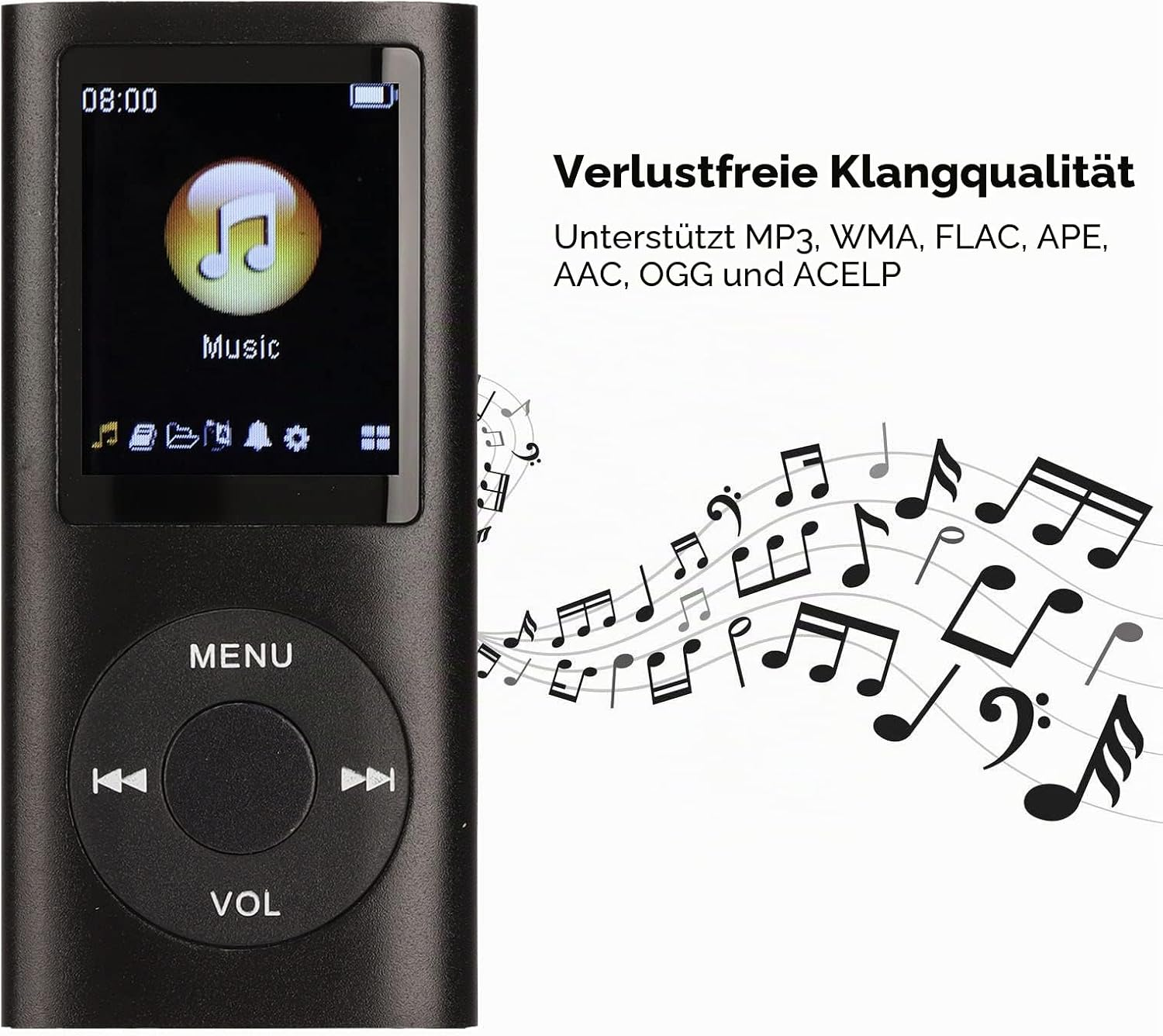 Schwarzer MP3-Player mit Musiknoten-Symbol und Tastenbedienung.