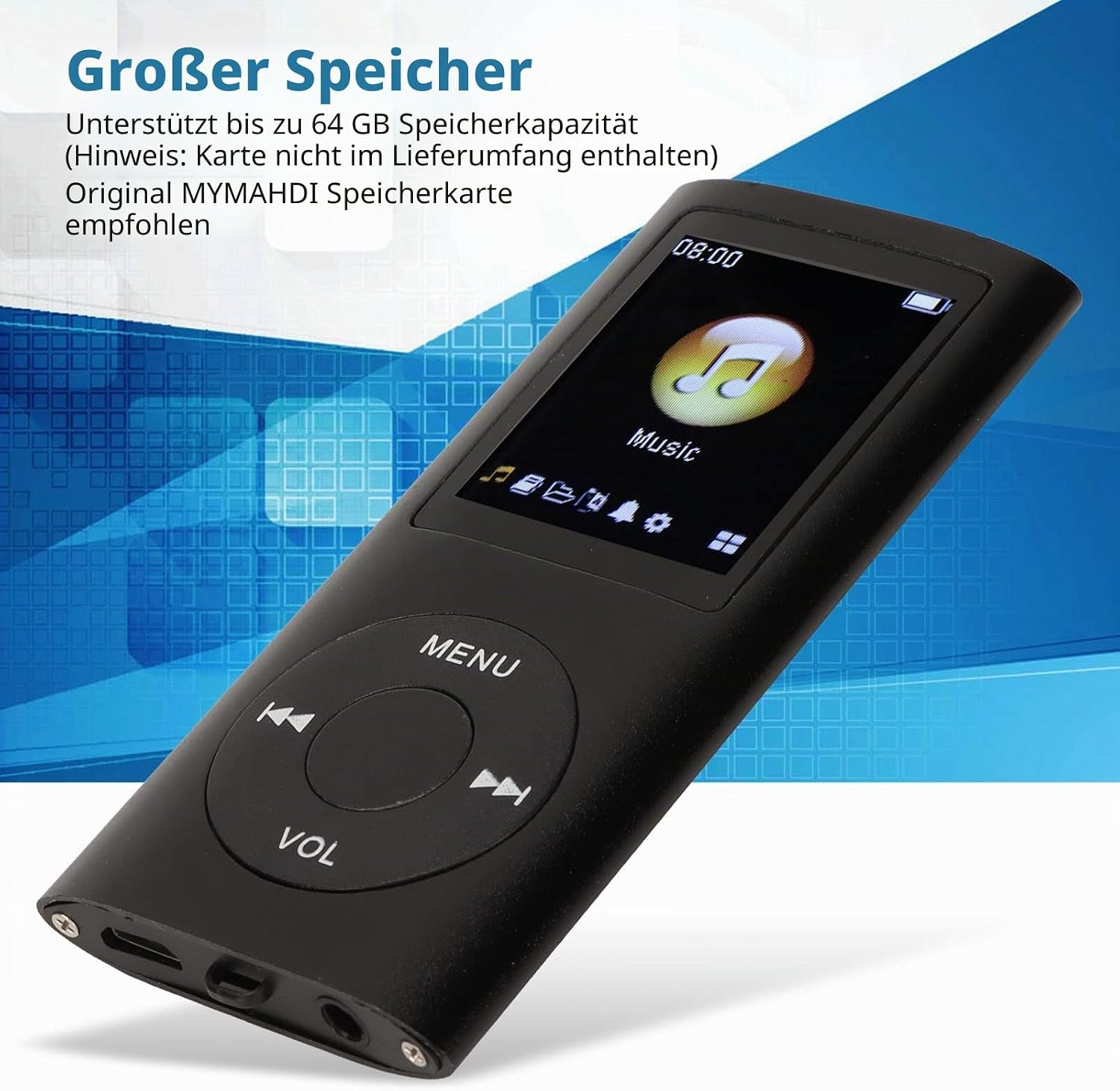 Schwarzer MP3-Player mit Musik-Symbol auf dem Display.