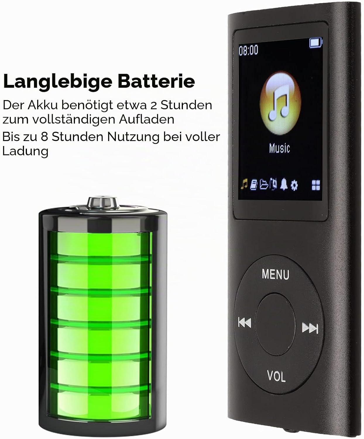 Schwarzer MP3-Player mit voller grüner Batterieanzeige daneben.