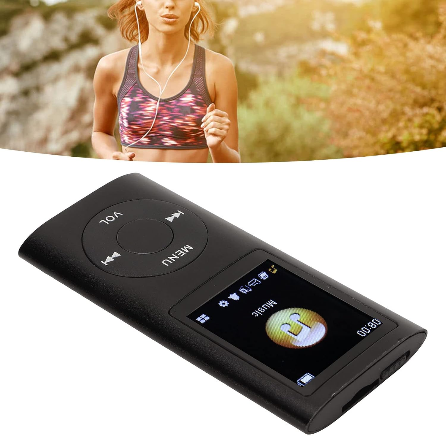 Eine Frau joggt in einem Sport-BH mit Ohrhörern, während unten ein schwarzer MP3-Player mit einem Musiksymbol angezeigt wird.