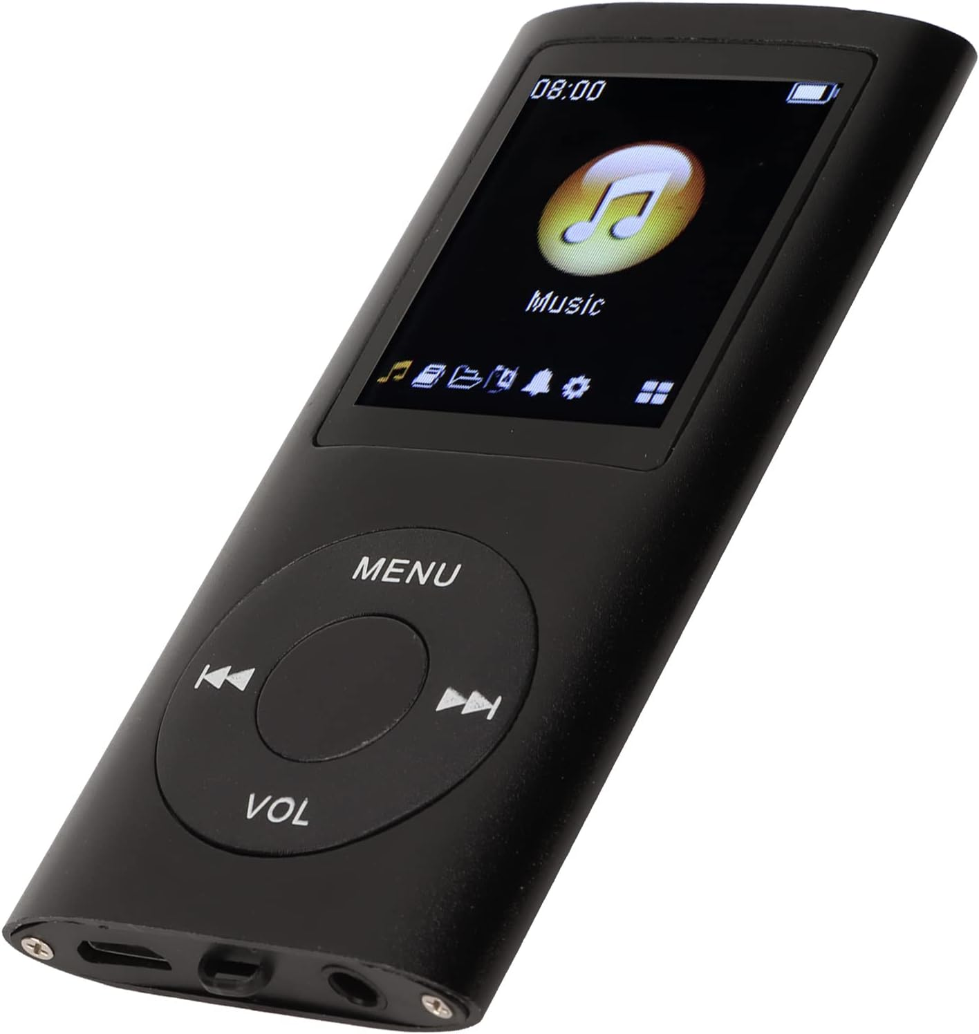 Schwarzer MP3-Player mit Musiksymbol und Zeitangabe 08:00 auf dem Bildschirm.