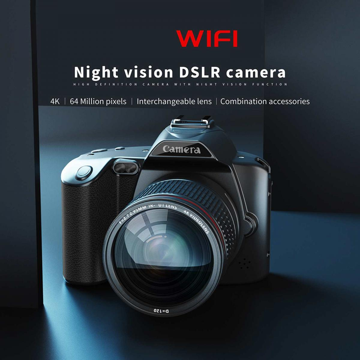 Eine schwarze DSLR-Kamera mit Nachtsichtfunktion, 4K und 64 MP.