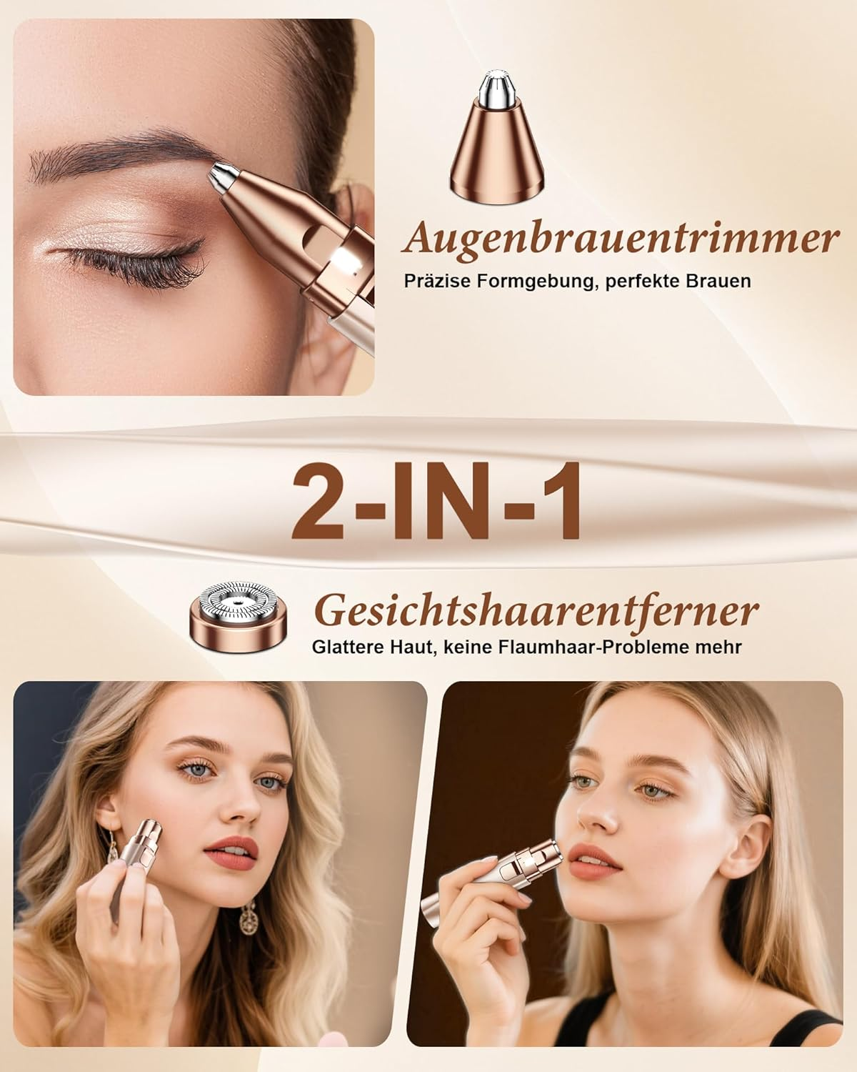 Ein 2-in-1-Gerät zum Trimmen von Augenbrauen und zur Gesichts haar entfernung.