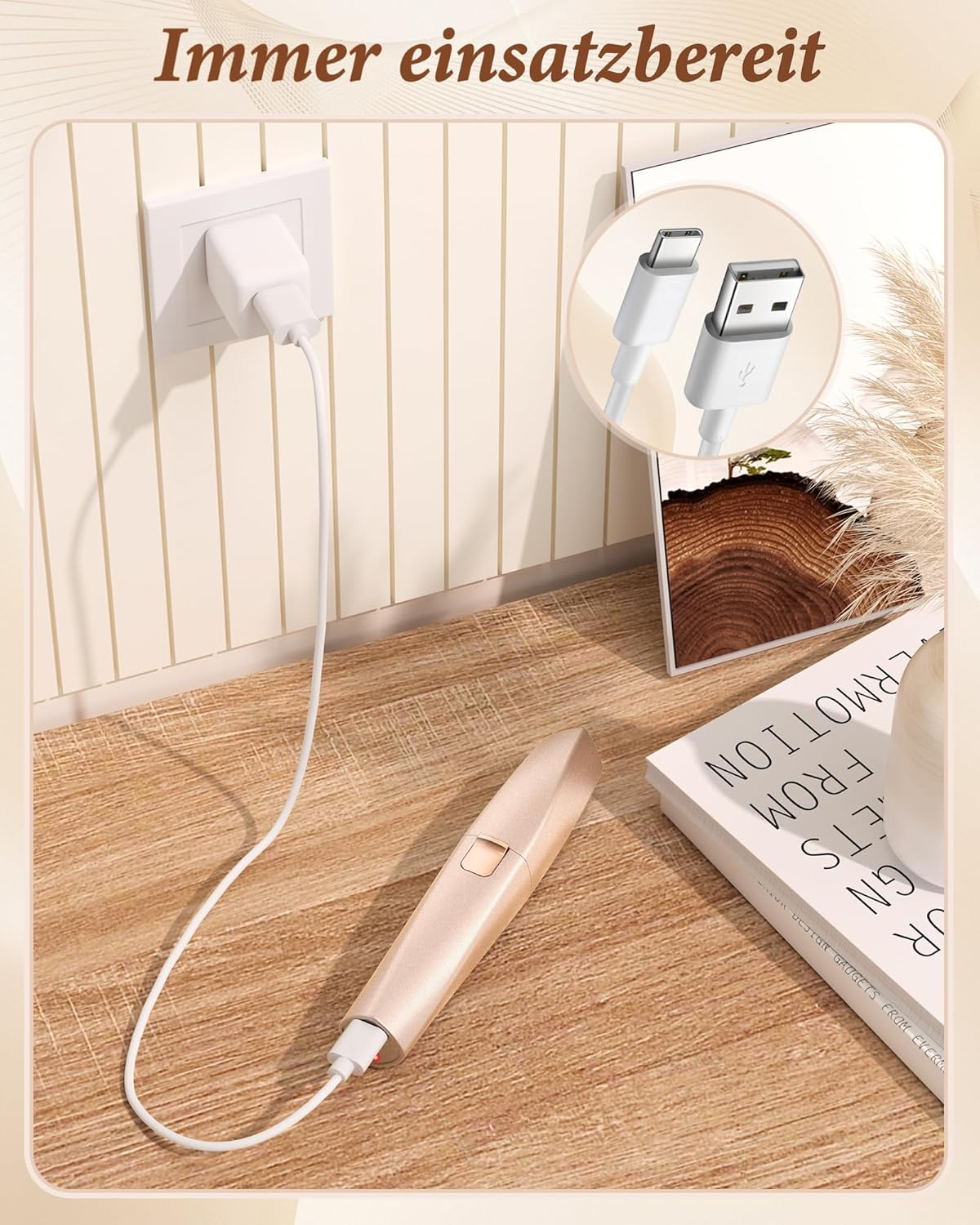 Ein goldener Stift ist mit einem weißen Kabel an eine Steckdose angeschlossen.