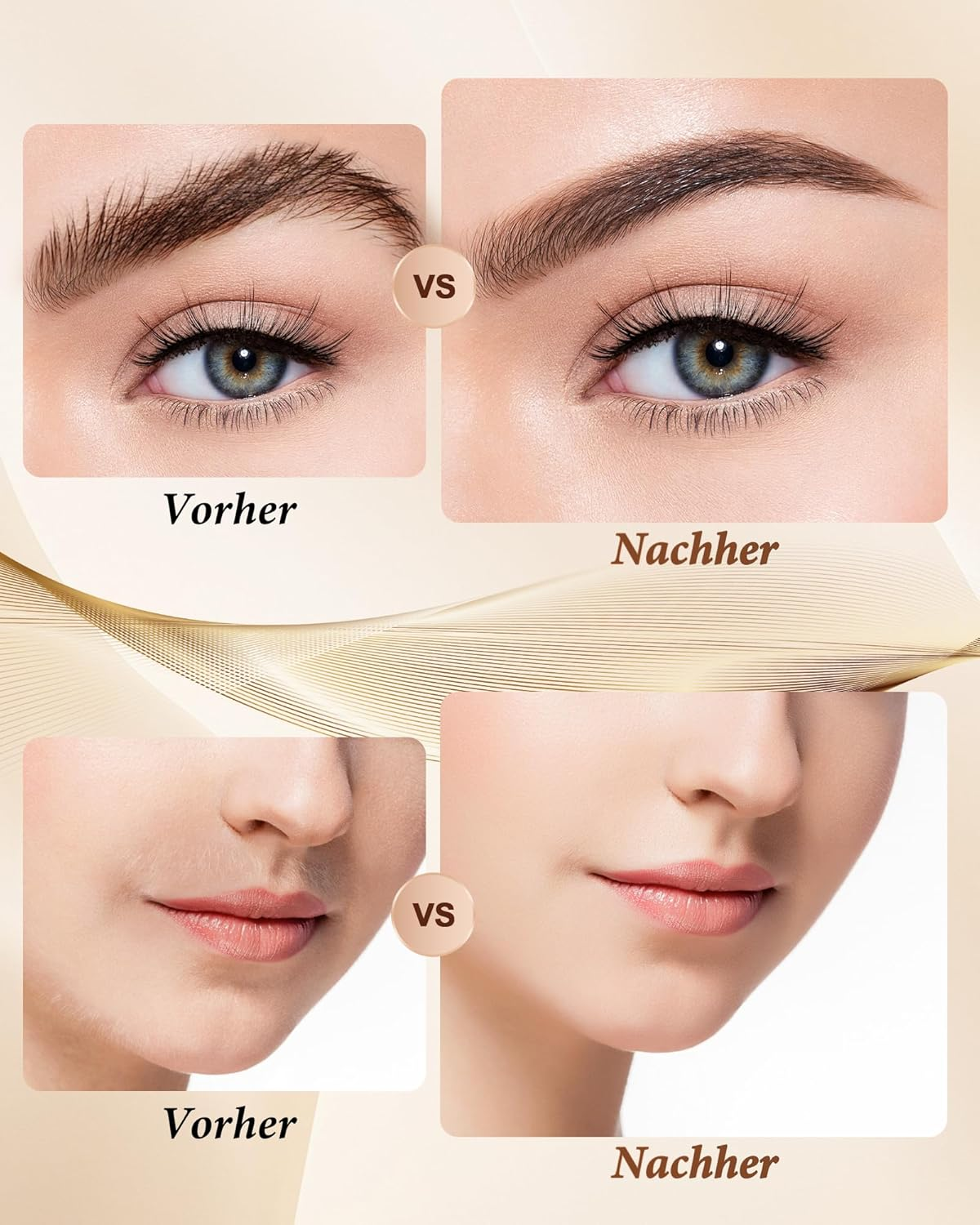 Vorher-Nachher-Vergleich von Augenbrauen und Oberlippe. Augenbrauen wirken voller und geformt danach.
