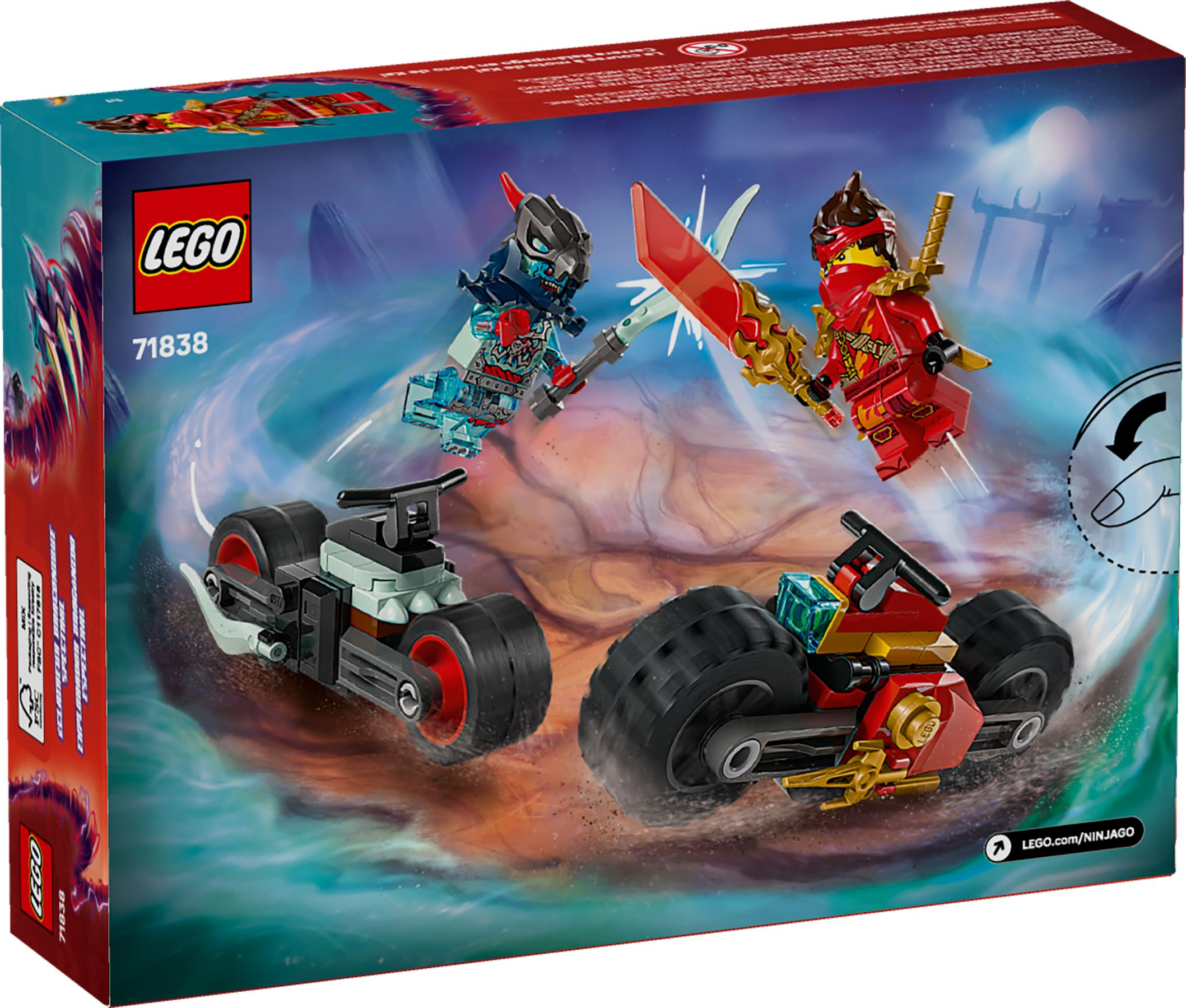 Lego Ninjago Set 71838: Ninja rosso combatte fantasma blu su moto.