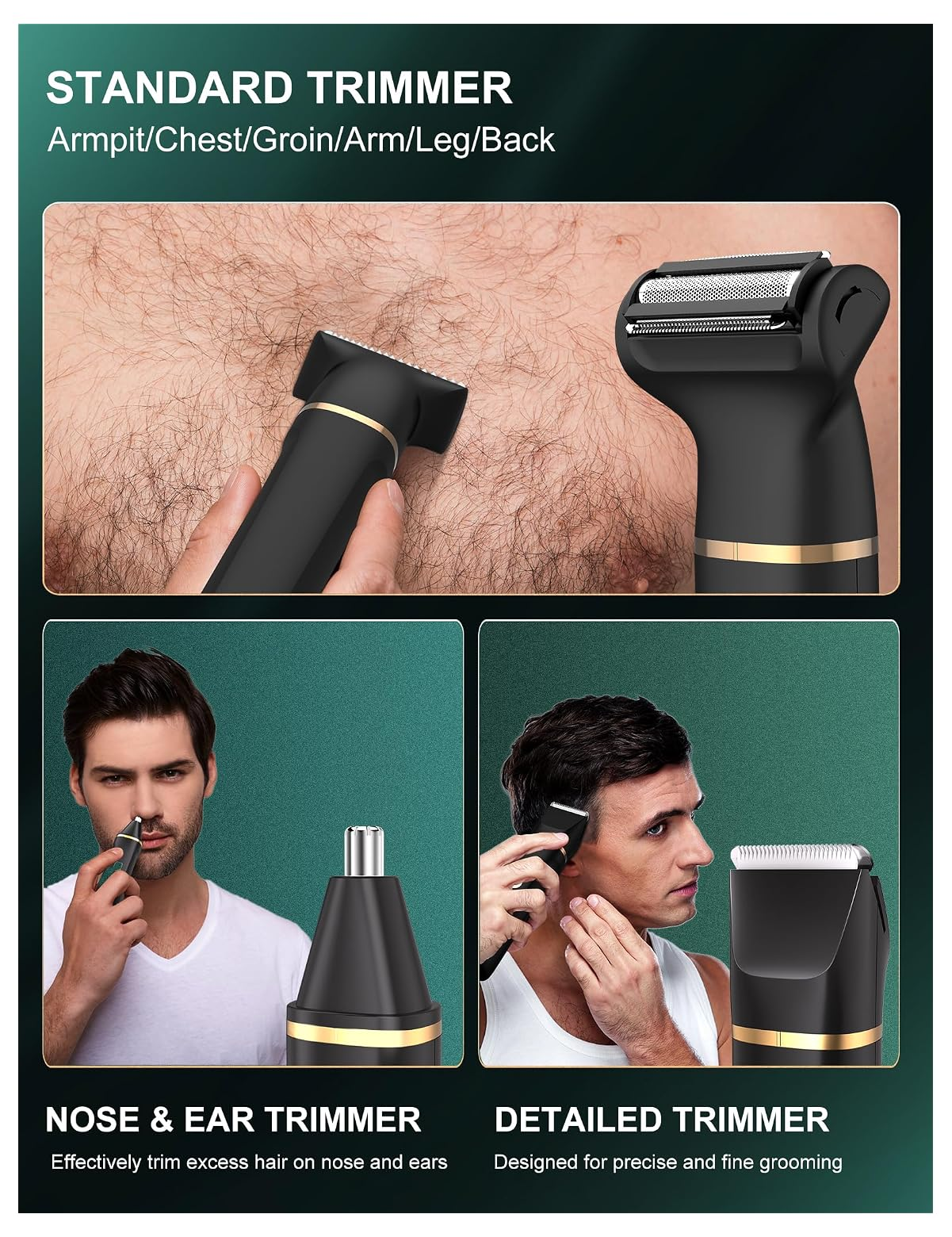 Ein mehrteiliges Bild zeigt einen schwarz-goldenen Trimmer, der auf behaarter Haut verwendet wird, einen Mann, der sich die Nasenhaare trimmt, und einen anderen Mann, der sich die Koteletten trimmt.