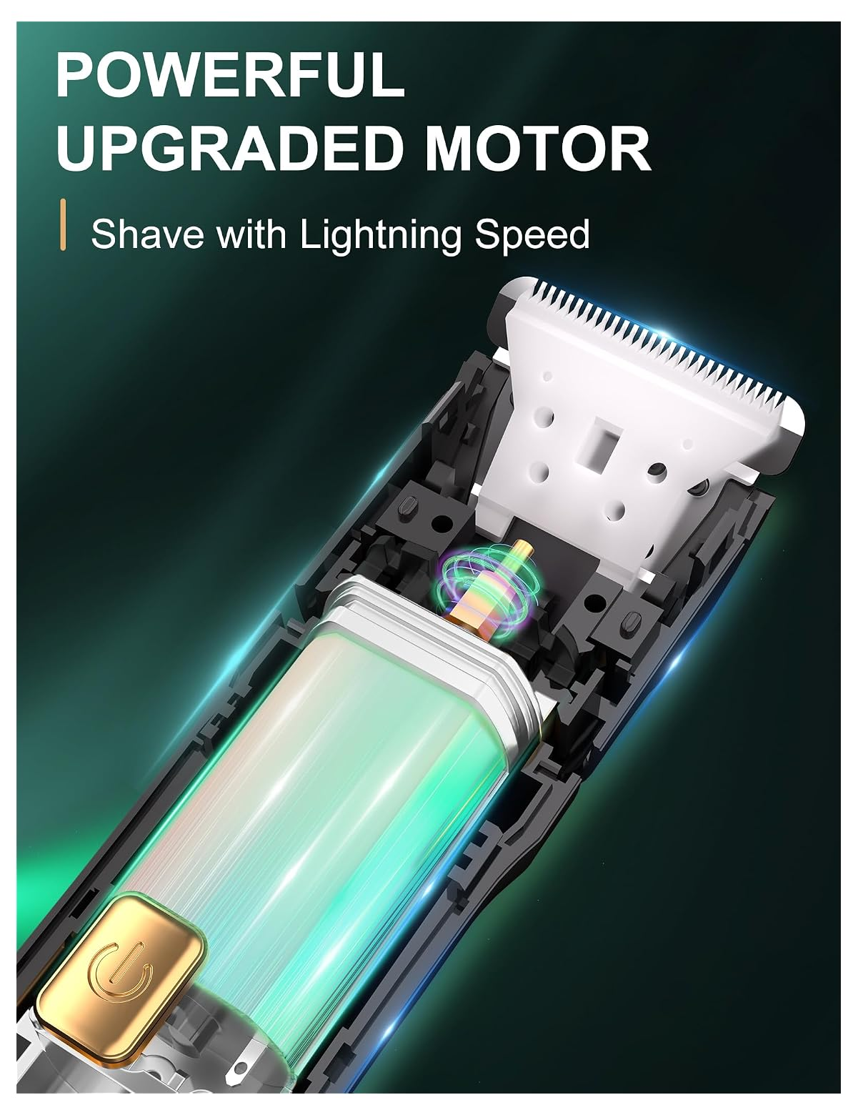 Nahaufnahme des Inneren eines Trimmers mit leuchtender Batterie und Motor.