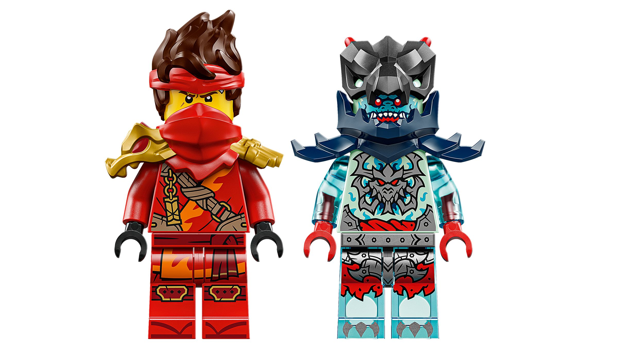 Due figure Lego: una rossa con accenti dorati, l'altra blu con disegno di drago.