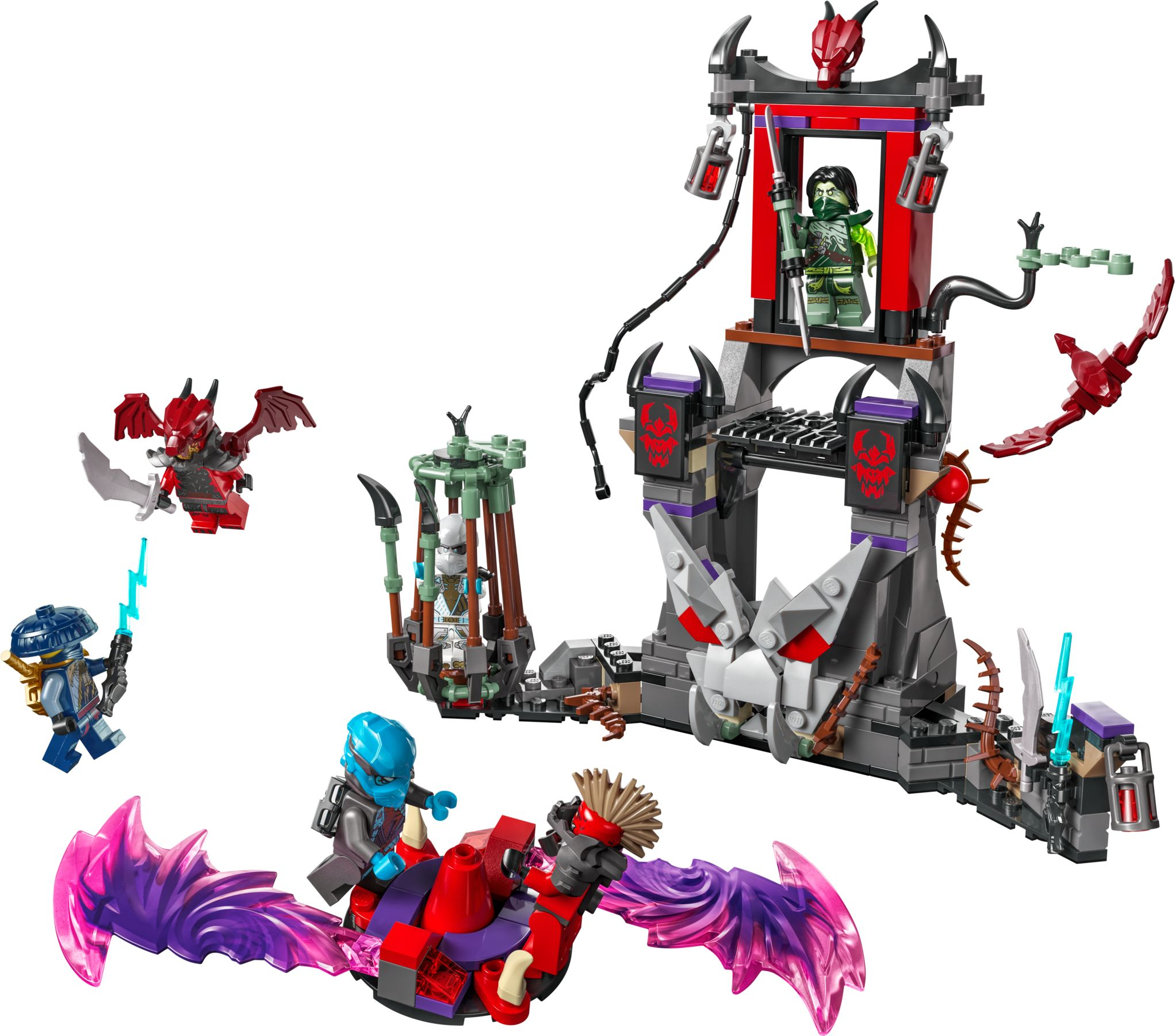 Ein Lego-Spielset zeigt eine Festung mit Figuren, Drachen und Waffen.