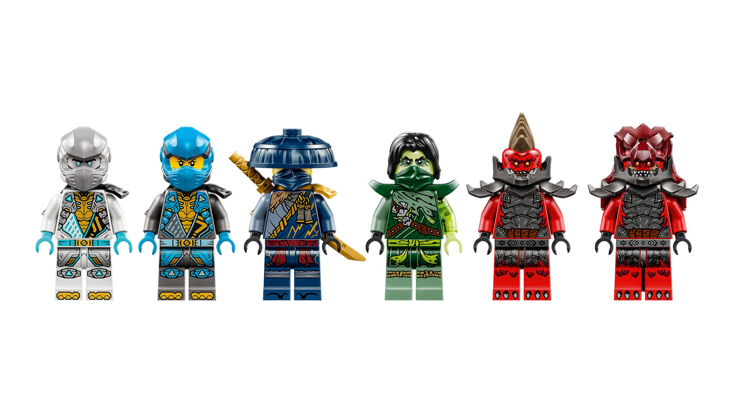 Sechs LEGO Ninjago-Figuren in verschiedenen Farben und Rüstungen stehen nebeneinander.