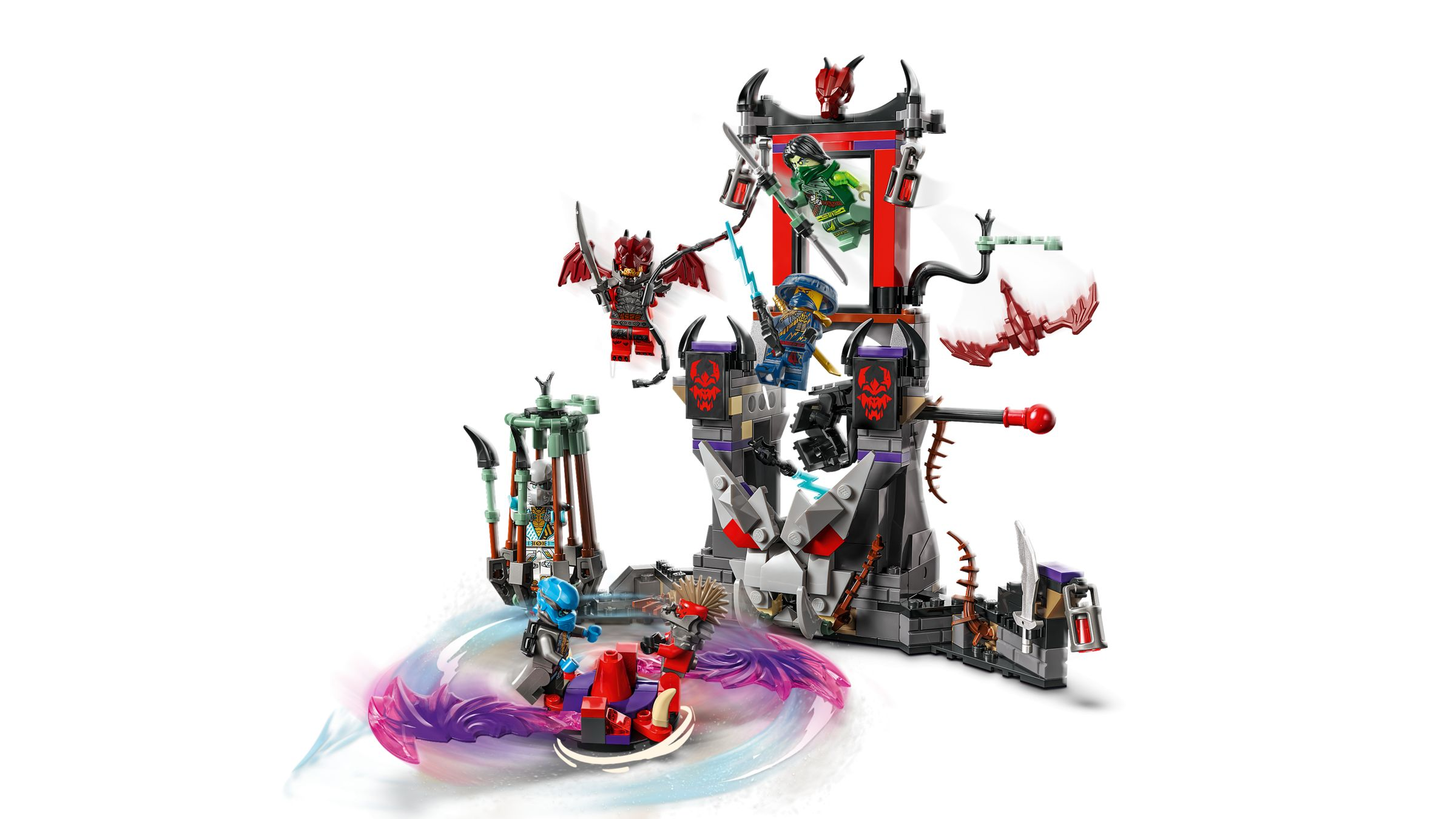 Lego-Actionszene: Figuren kämpfen an einer schwarzen und roten Burg mit lila Energie.