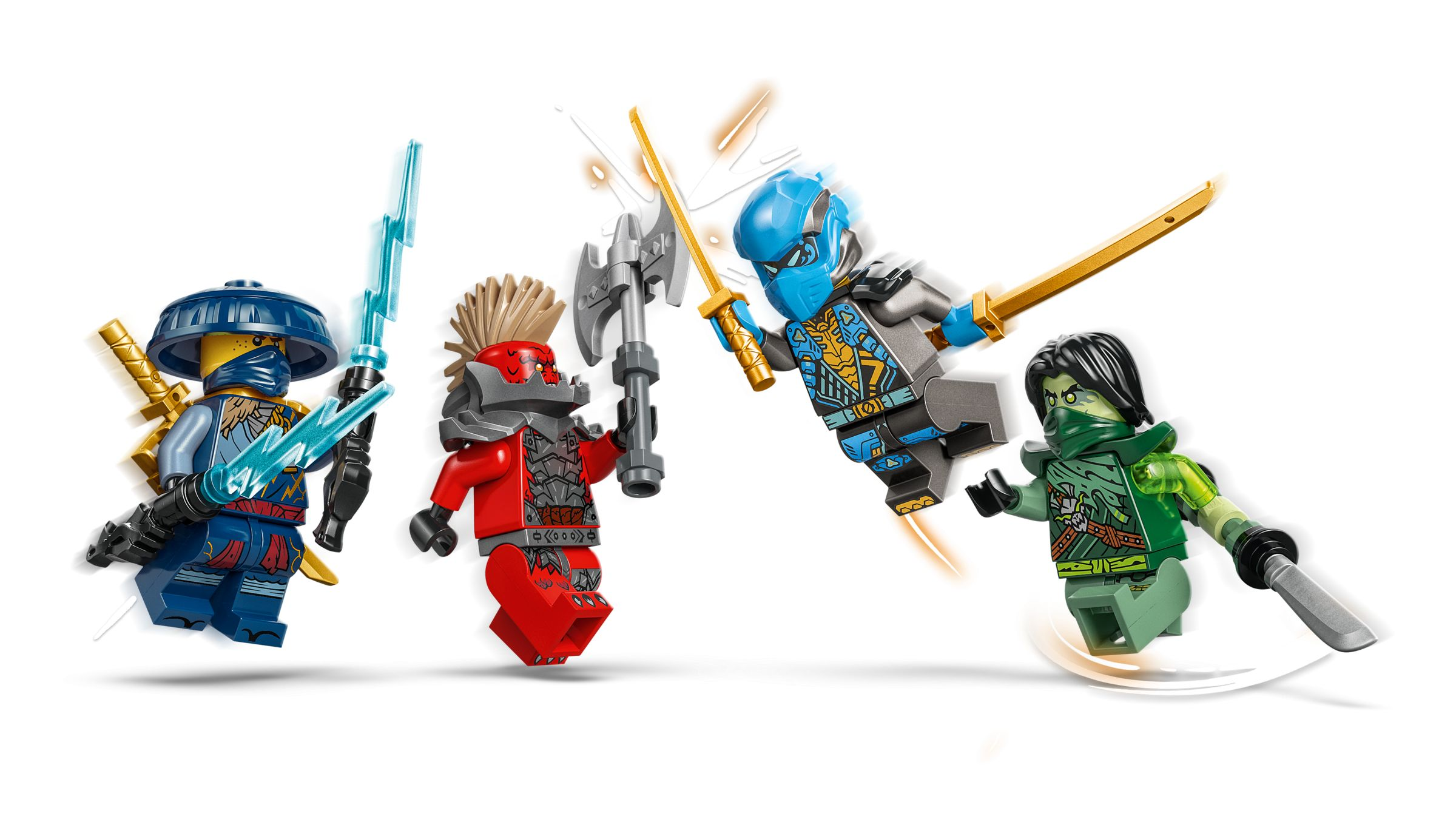Vier Ninjago-Figuren in Aktion mit Schwertern und Äxten.